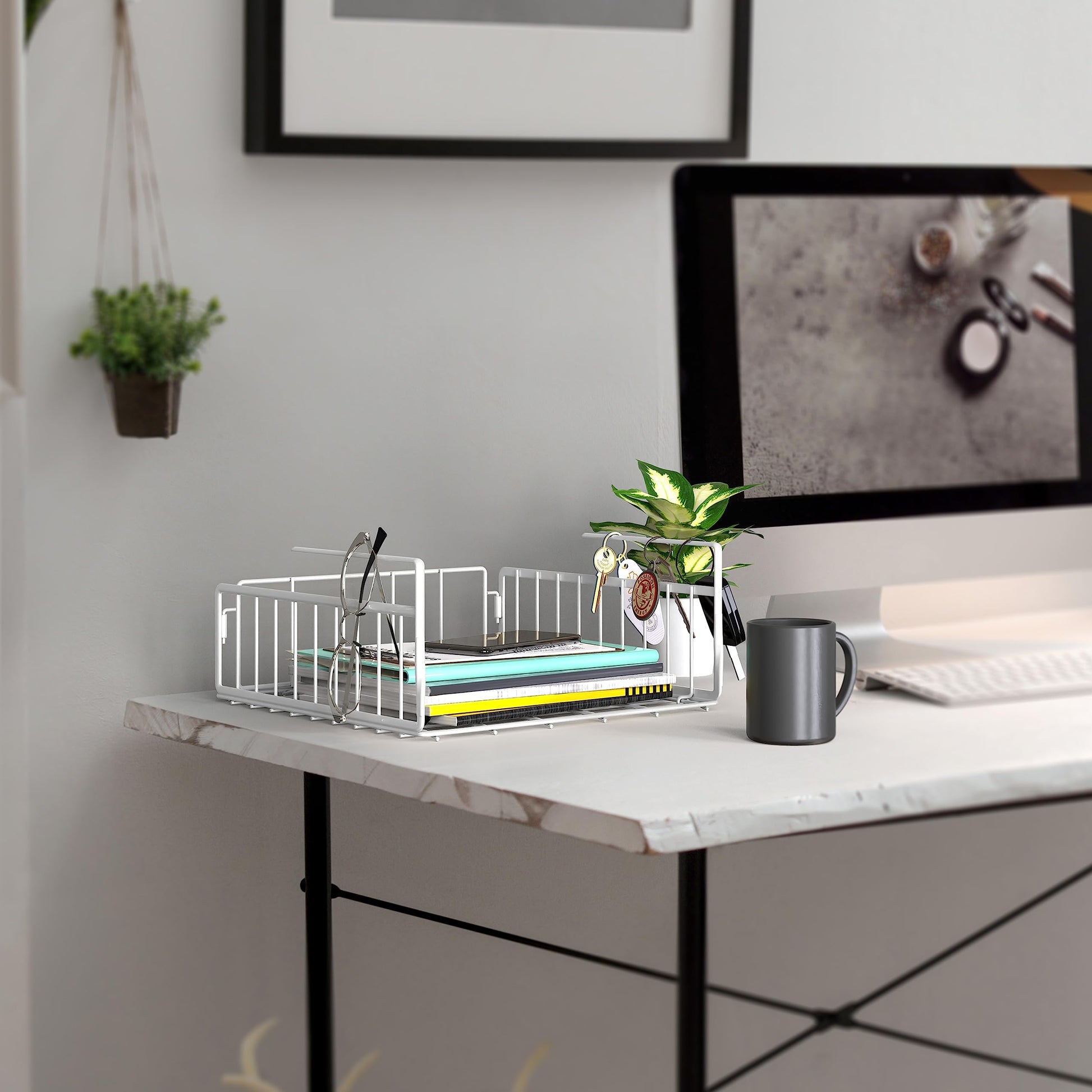 Simple Houseware Under Shelf Basket, White – 2-Pack Space-Saving Storage Organizer for Kitchen, Pantry, Closet, Office – Wire Metal Shelf Organizer, No Tools Required