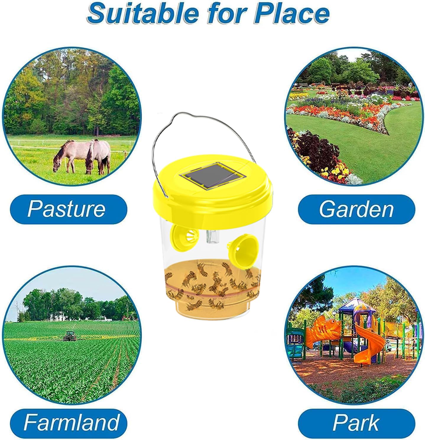 Wasp Traps for Hunting Wasps, Bees, Hornets, Insects, Yellow Jacket Traps, Wasp Trap Catcher, Reusable Solar Powered Hanging for Outdoor, 4 Packs