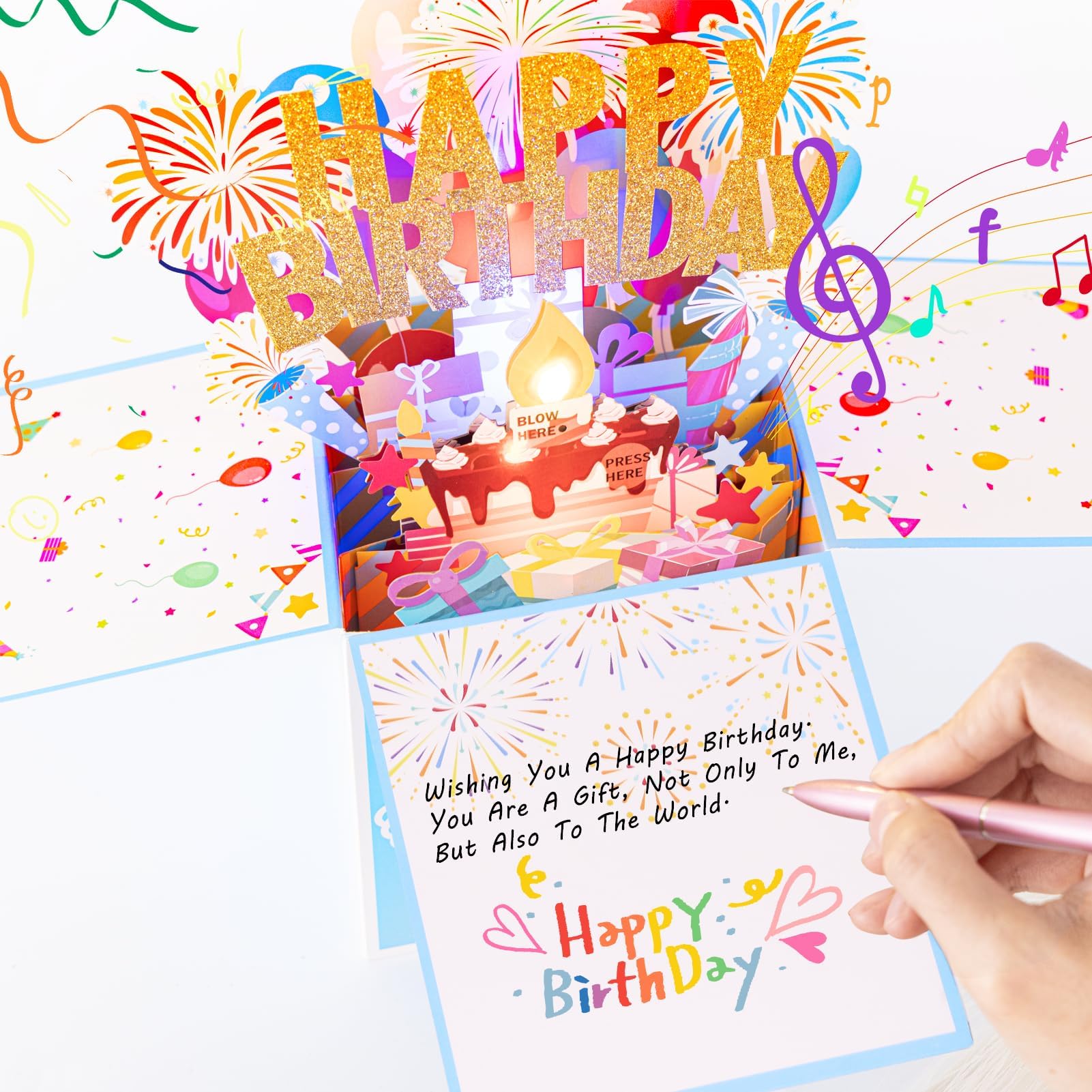Large Pop Up Birthday Cards with Blowable Lights and Music,1-100 Ages Funny Happy Birthday Cards 3D Greeting Cards Special Birthday Gifts for Kids Teens Women Men Son Daughter