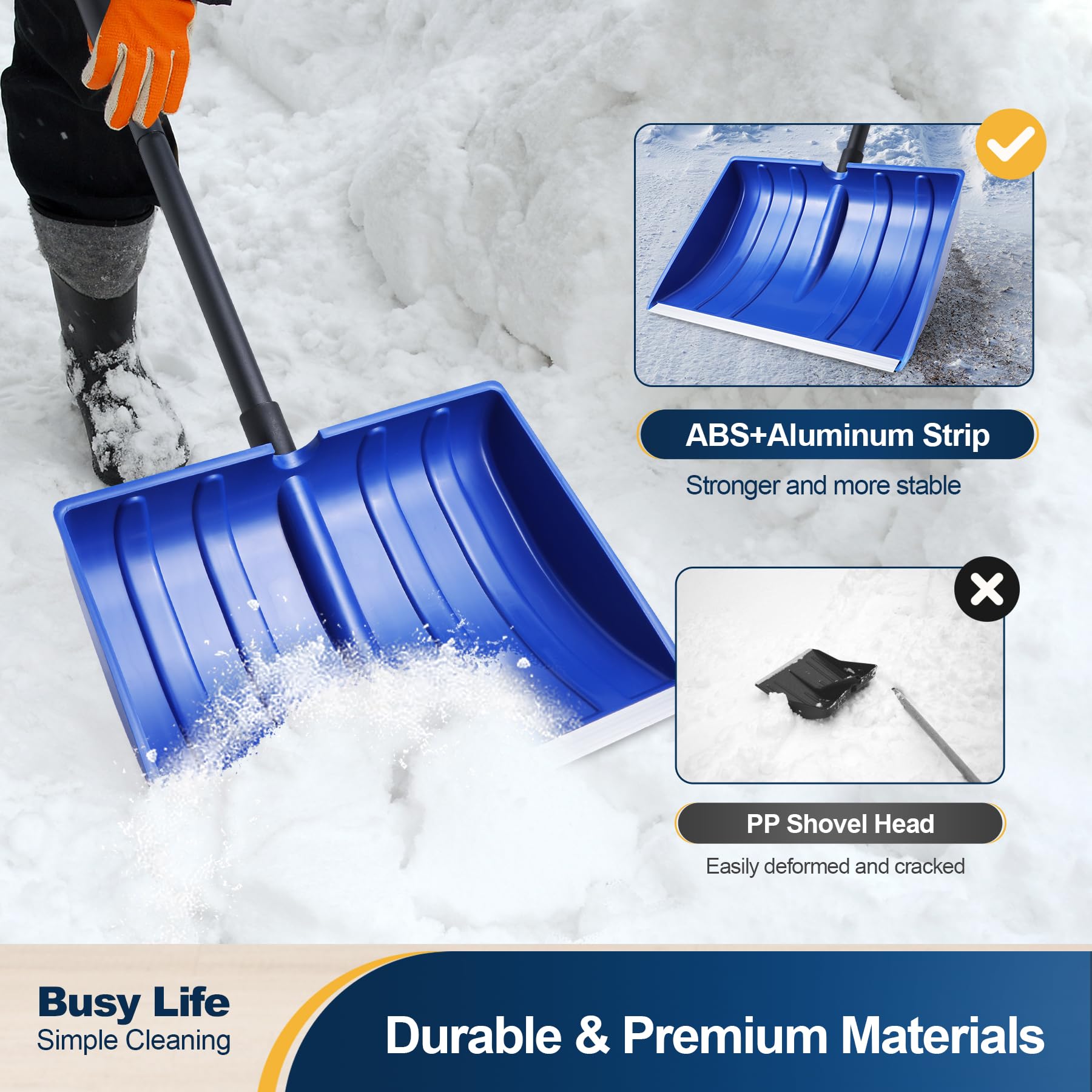 Yocada Snow Shovel for Driveway Home Garage Snow Removal with D-Grip Handle Aluminum Strip Heavy Duty 48 inch Long Large Capacity Shovel for Garden Car Camping Outdoor