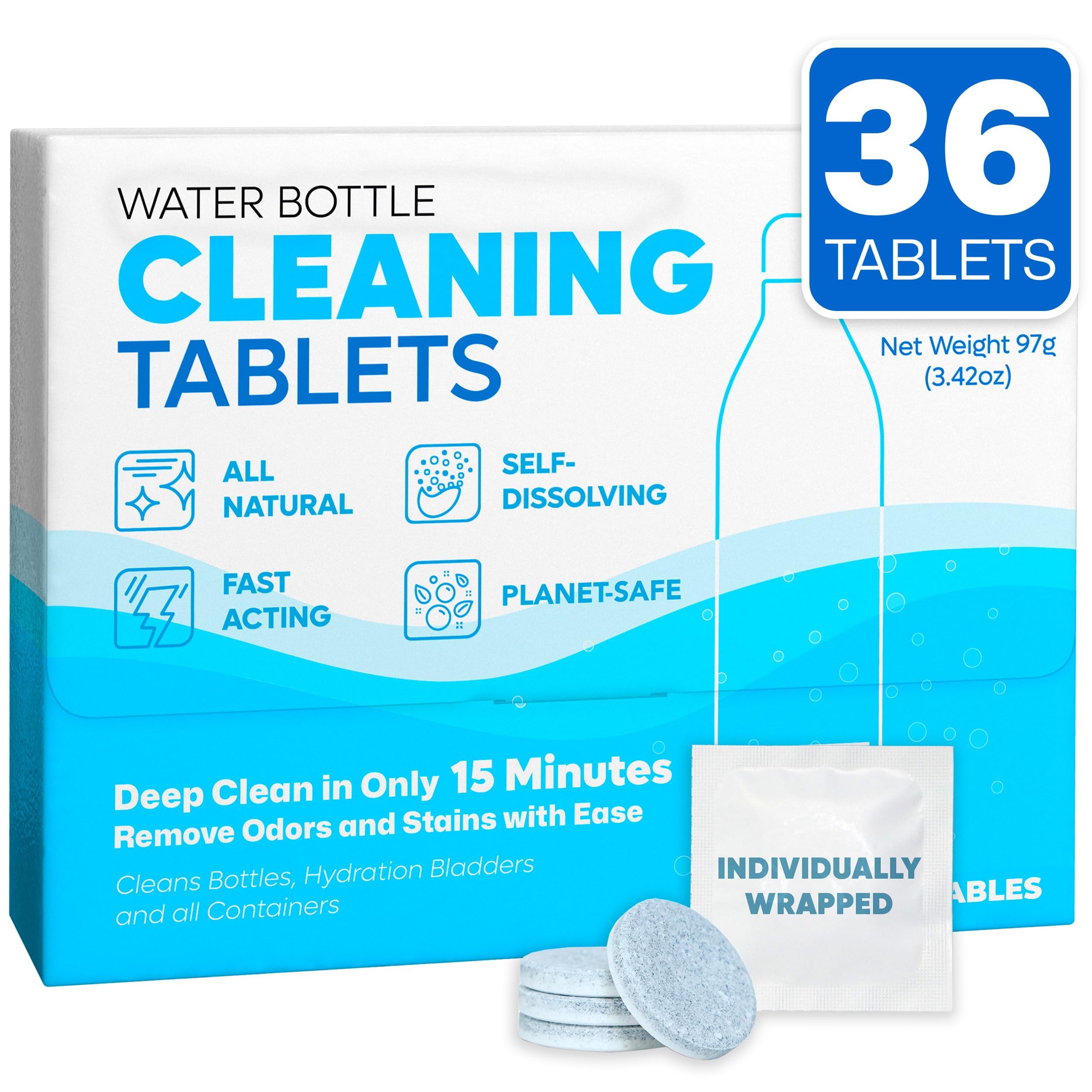 Sudstainables Water Bottle Cleaning Tablets - 36-Pack, Chlorine-Free and Odorless Cleaner for Hydration Bladders, Stainless Steel, Tumblers, and Glass Bottles - Removes Stubborn Stains and Odors