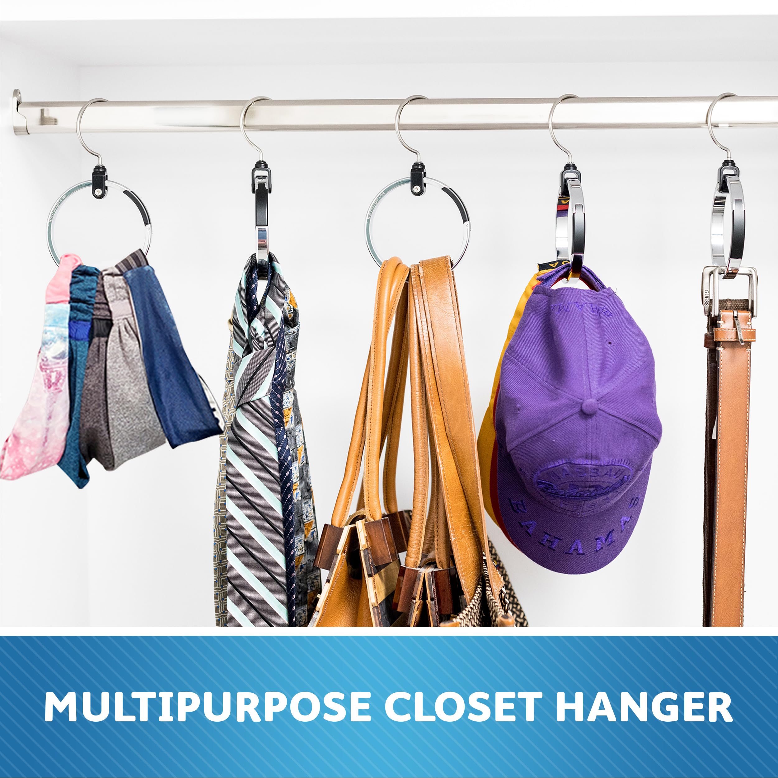 ROLLY HANGER Multipurpose Closet Hangers- Tie and Belt Hanger for Closet- Great Space Saving Belt Organizer for Wardrobe - Ideal for Storing Belts, Ties, Scarfs, Baseball Hats, Purses & More- 1 Pack