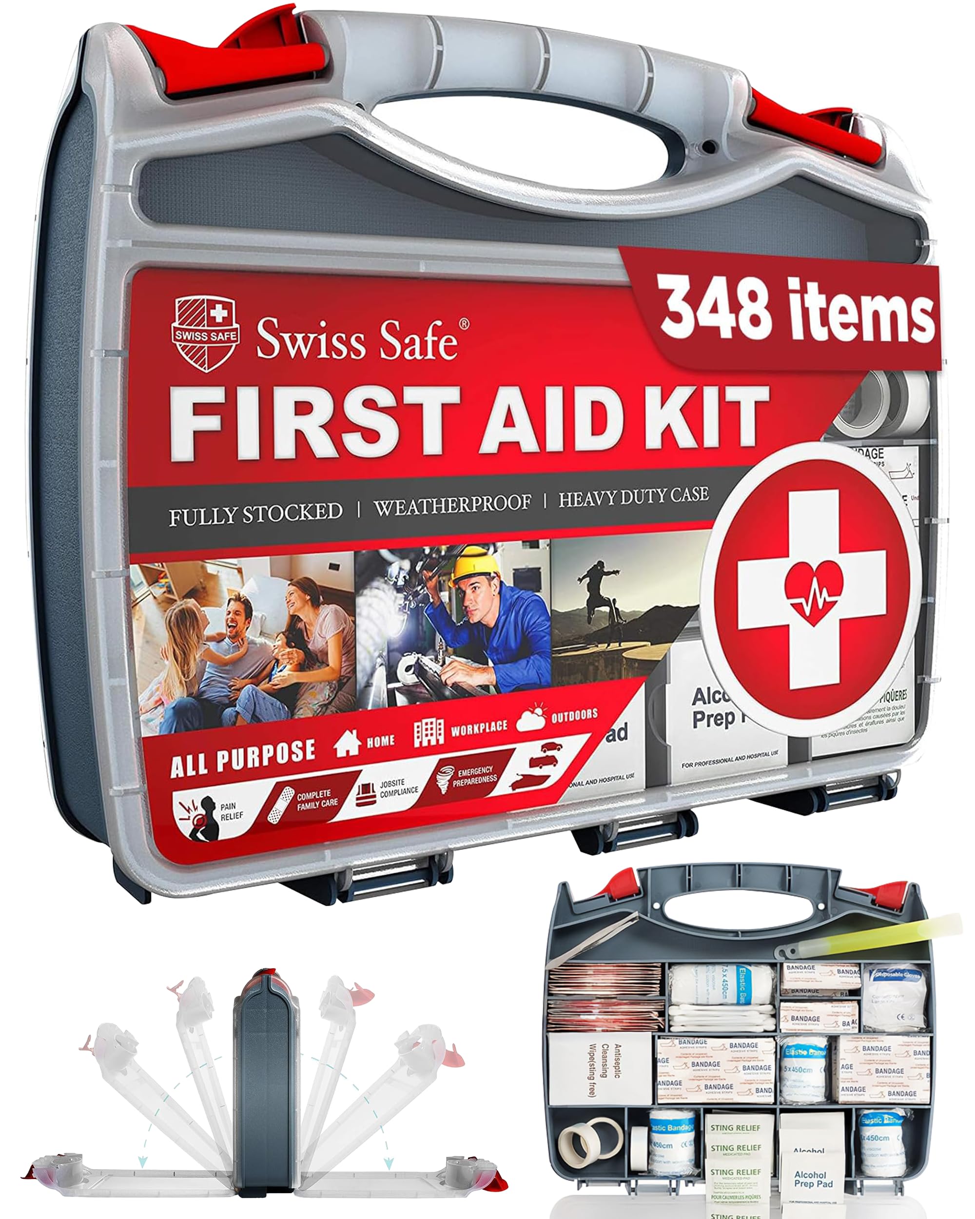 Swiss Safe 2-in-1 Erste-Hilfe-Set für Auto, Reisen & Zuhause, Unternehmen – Bonus-Mini-Kit für medizinische Notfälle, Überleben, Camping – FSA & HSA-fähig – 348 Teile, großer Hartschalen-FAK