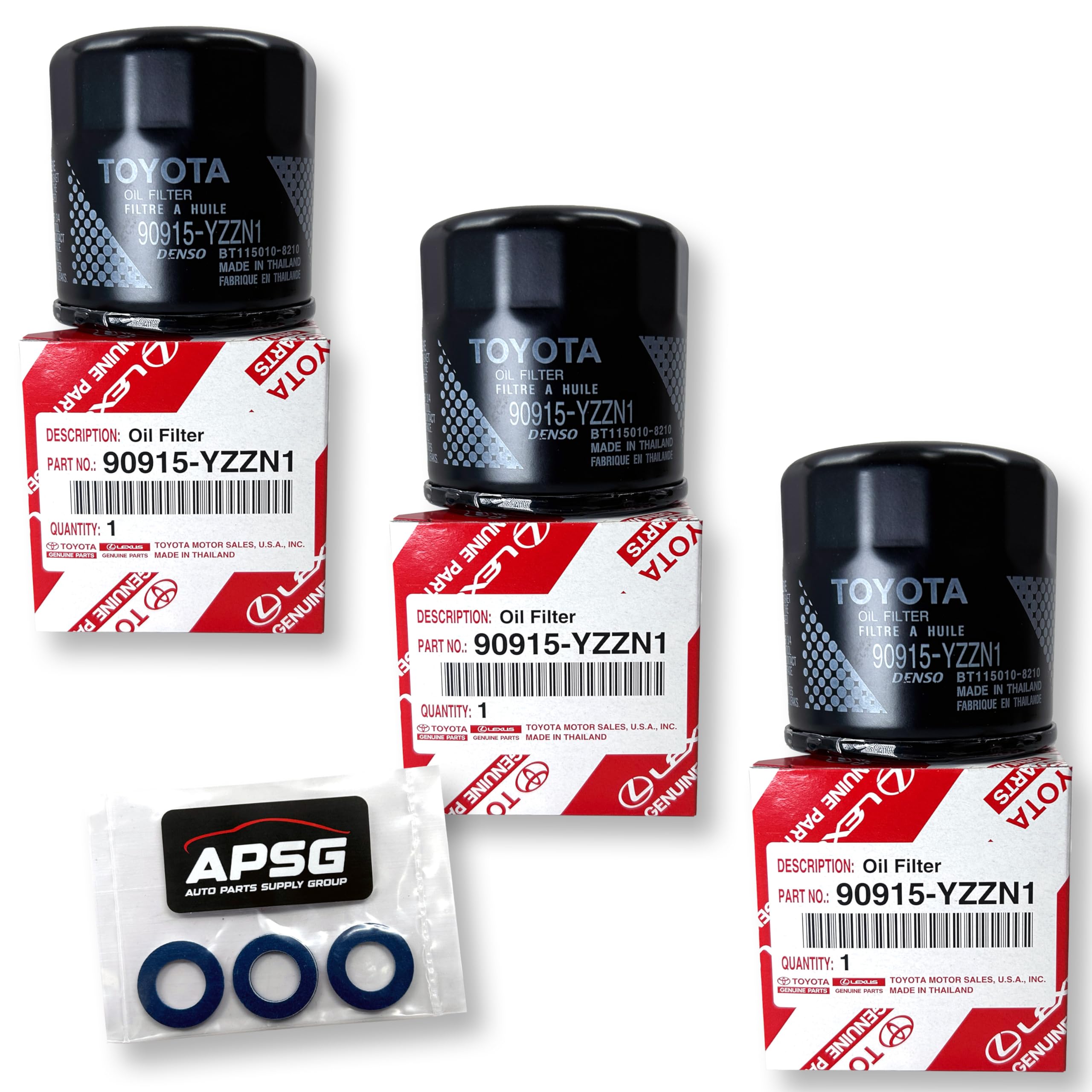 فلتر زيت أصلي 90915-YZZN1 / 90915-YZZF2 مع حلقات تصريف الزيت من APSG | 3 قطع | متوافق مع تويوتا/لكزس/سايون