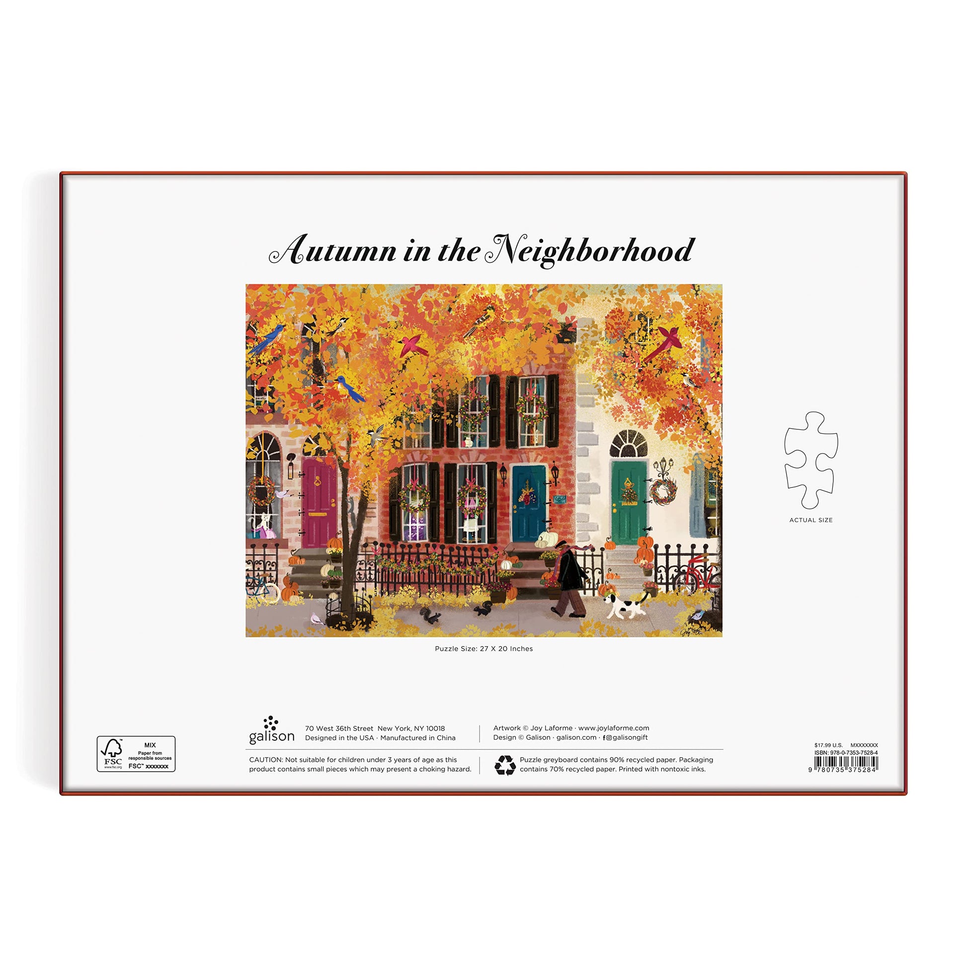 Galison Autumn in The Neighborhood 1000 Piece Puzzle from Galison - 27" x 20" Beautifully Illustrated Puzzle from Joy LaForme, Thick & Sturdy Pieces, Challenging Activity for Adults, Unique Gift Idea!