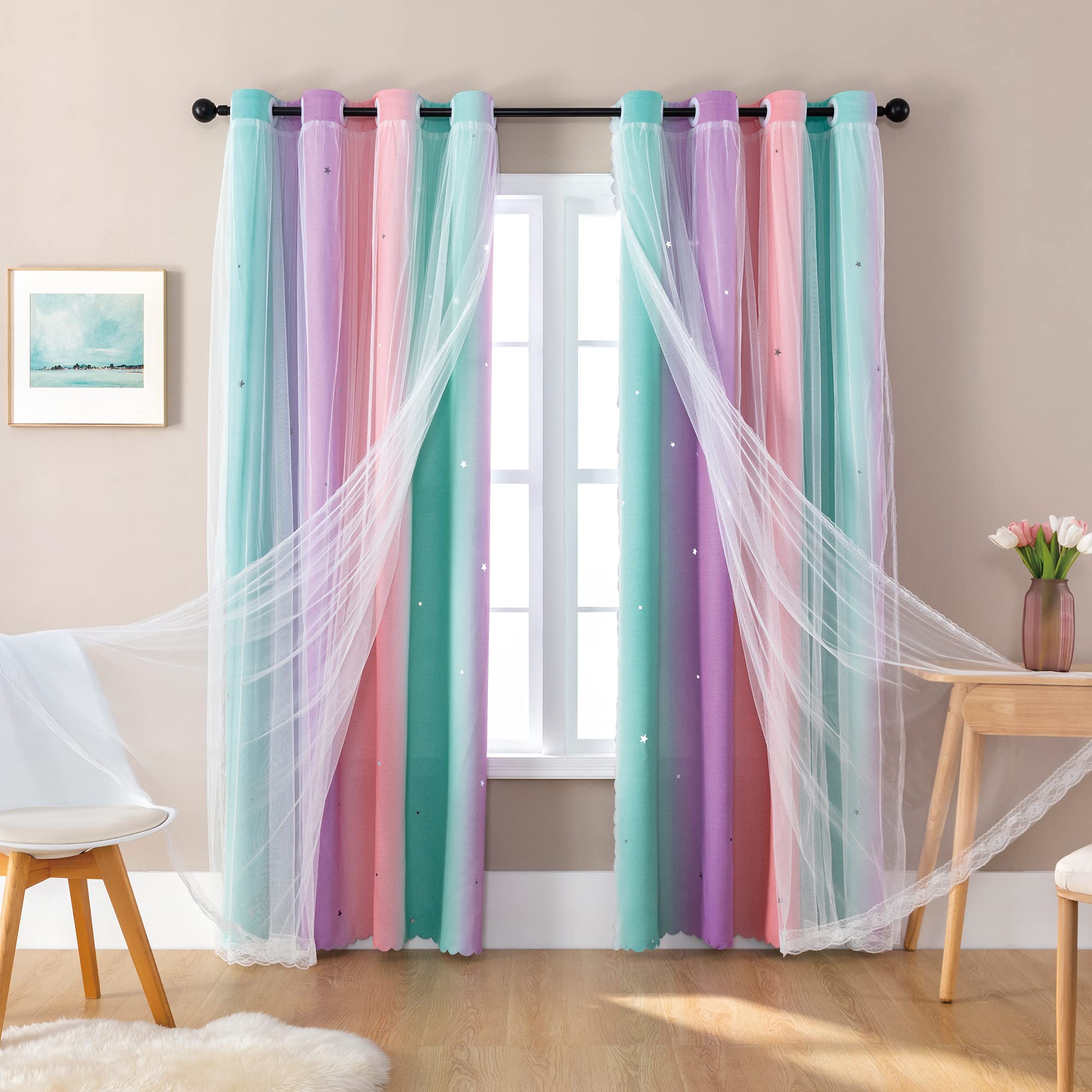 XiDi Curtains for Girls Bedroom Decor, Rainbow Blackout Curtains for Kids Room Decor, Purple for Little Girl Room, Unicorn Wall Decals Pink Curtains Green, 63 Inches Long 34 Wide 1 Panel