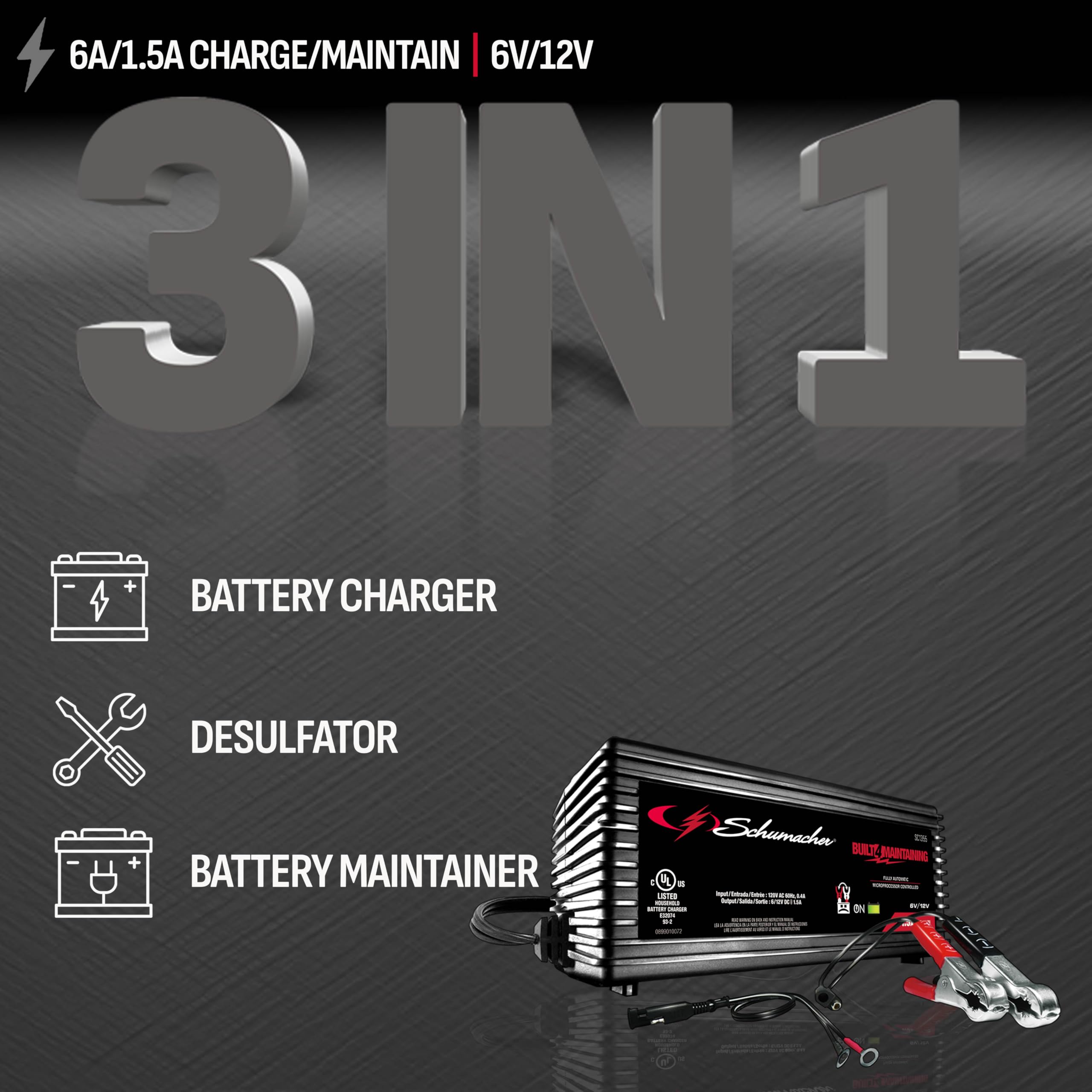 Schumacher Electric Battery Charger and Maintainer, SC1355, 3-in-1, Fully Automatic, 1.5 Amps, 6 Volt and 12 Volt, for Motorcycle, Power Sport, Car, and Marine Batteries