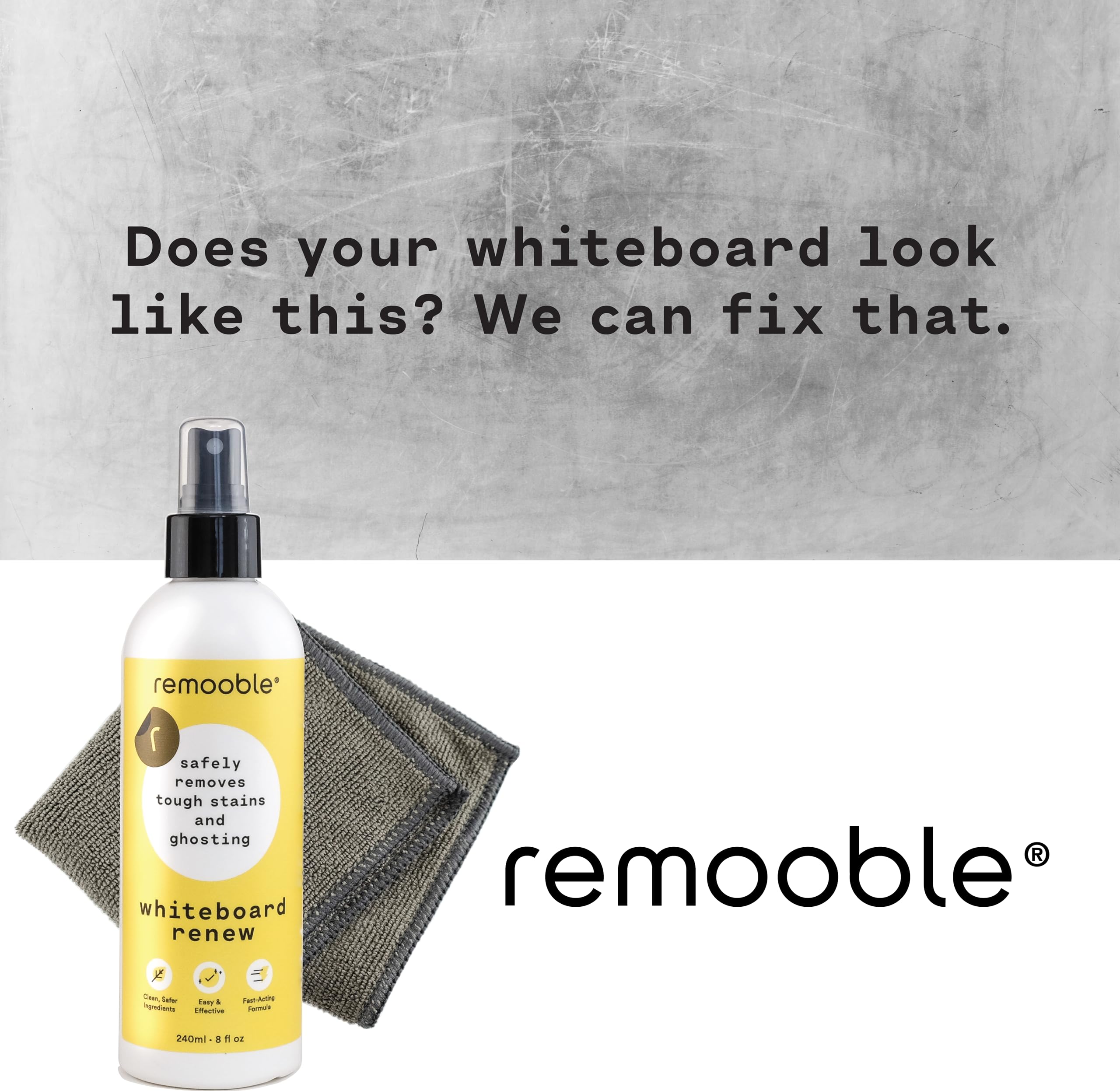 Remooble Dry Erase Whiteboard Cleaner Spray & Microfiber Cleaning Cloth - Safely Removes Tough Stains and Ghosting, 8 oz.