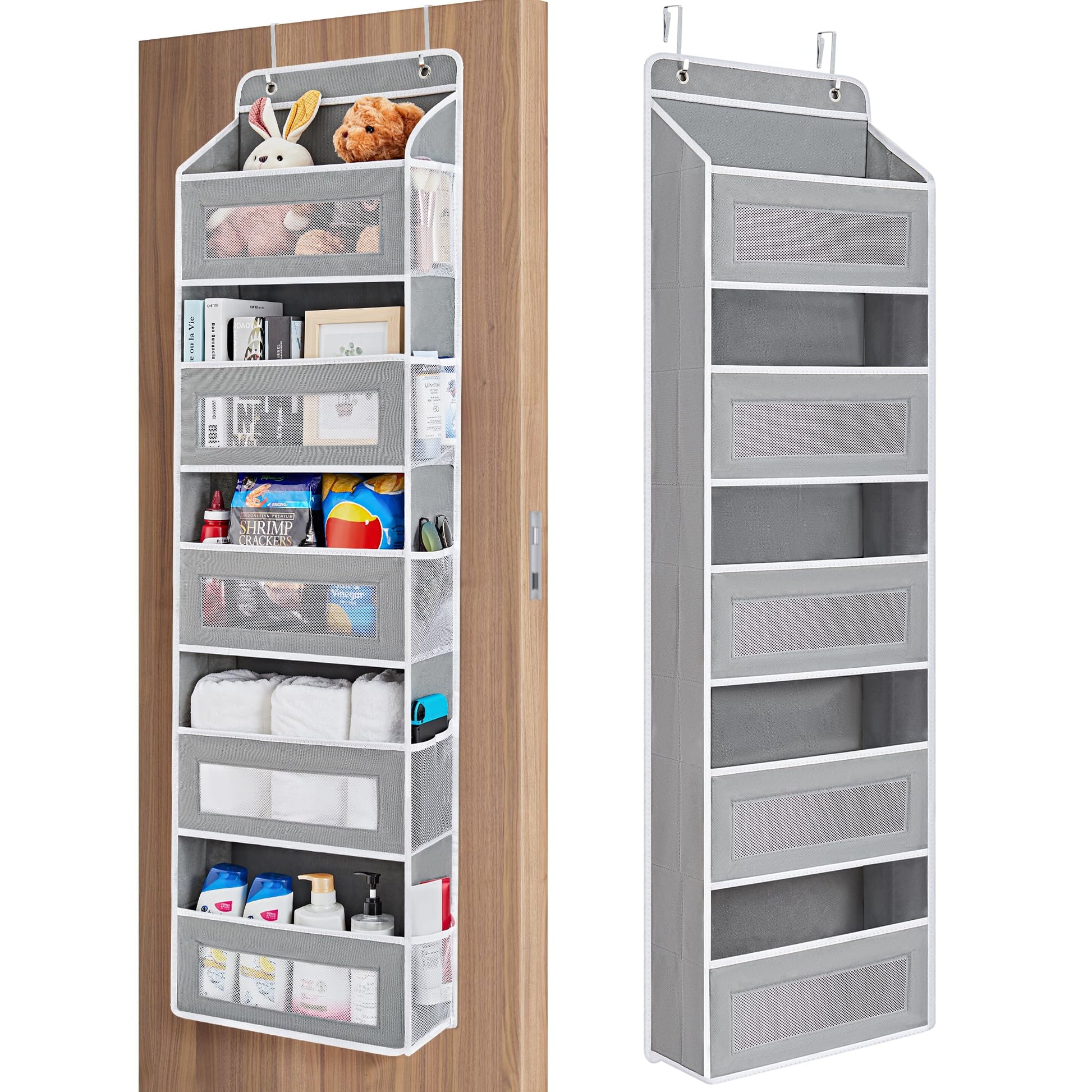 JARLINK Over The Door Organizer Storage, 5 Shelf Hanging Door Organizer with 5 Large Capacity Pockets, Anti Tilt 44 lb Load Behind Door Storage for Bedroom, Bathroom, Pantry, Nursery, (Grey)