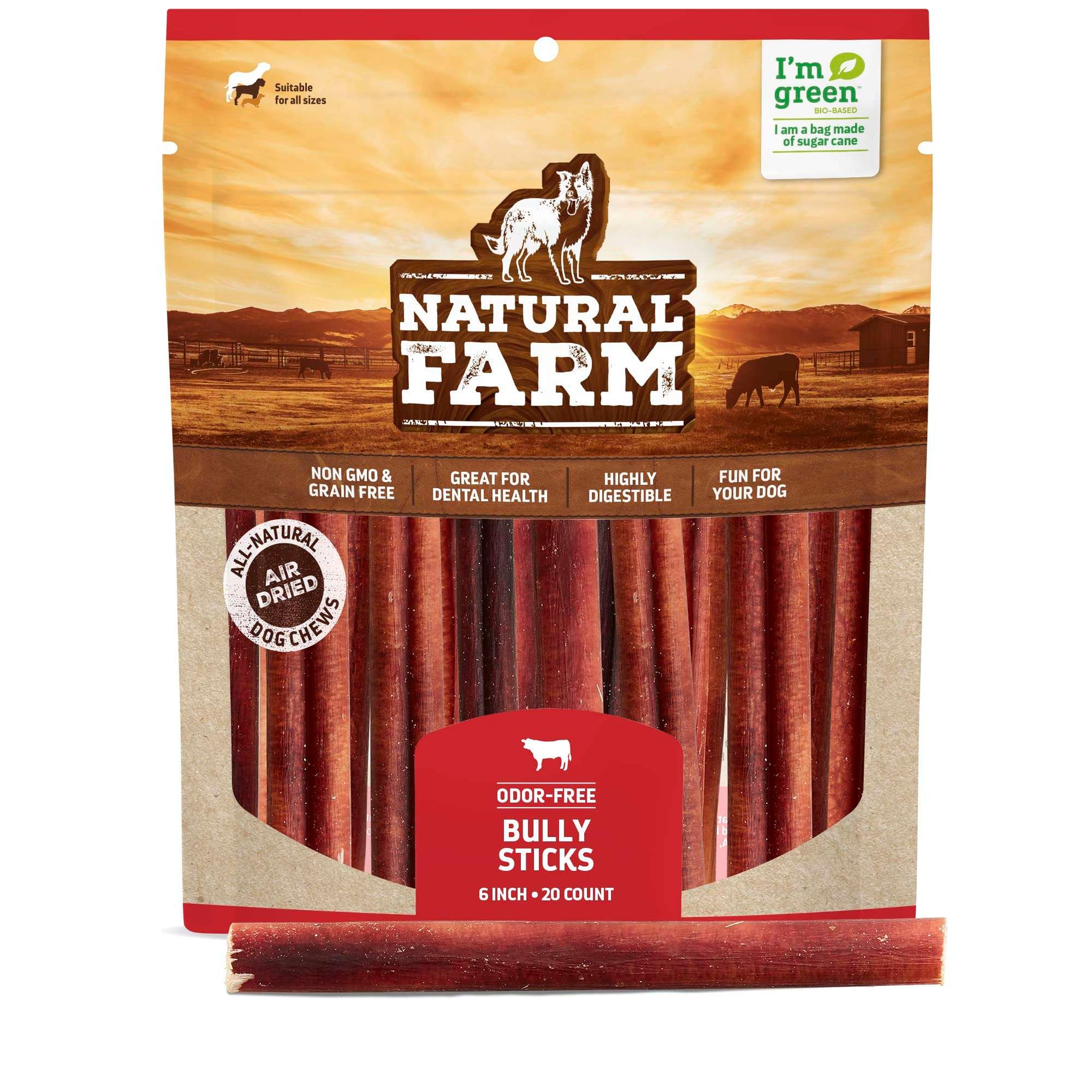 Natural Farm Odor-Free Bully Sticks (6 Inch, 20 Pack), 100% Beef Chews for Pups, Small and Medium Dogs, Non-GMO, Grain-Free, Fully Digestible, Natural Treats to Keep Your Dog Busy