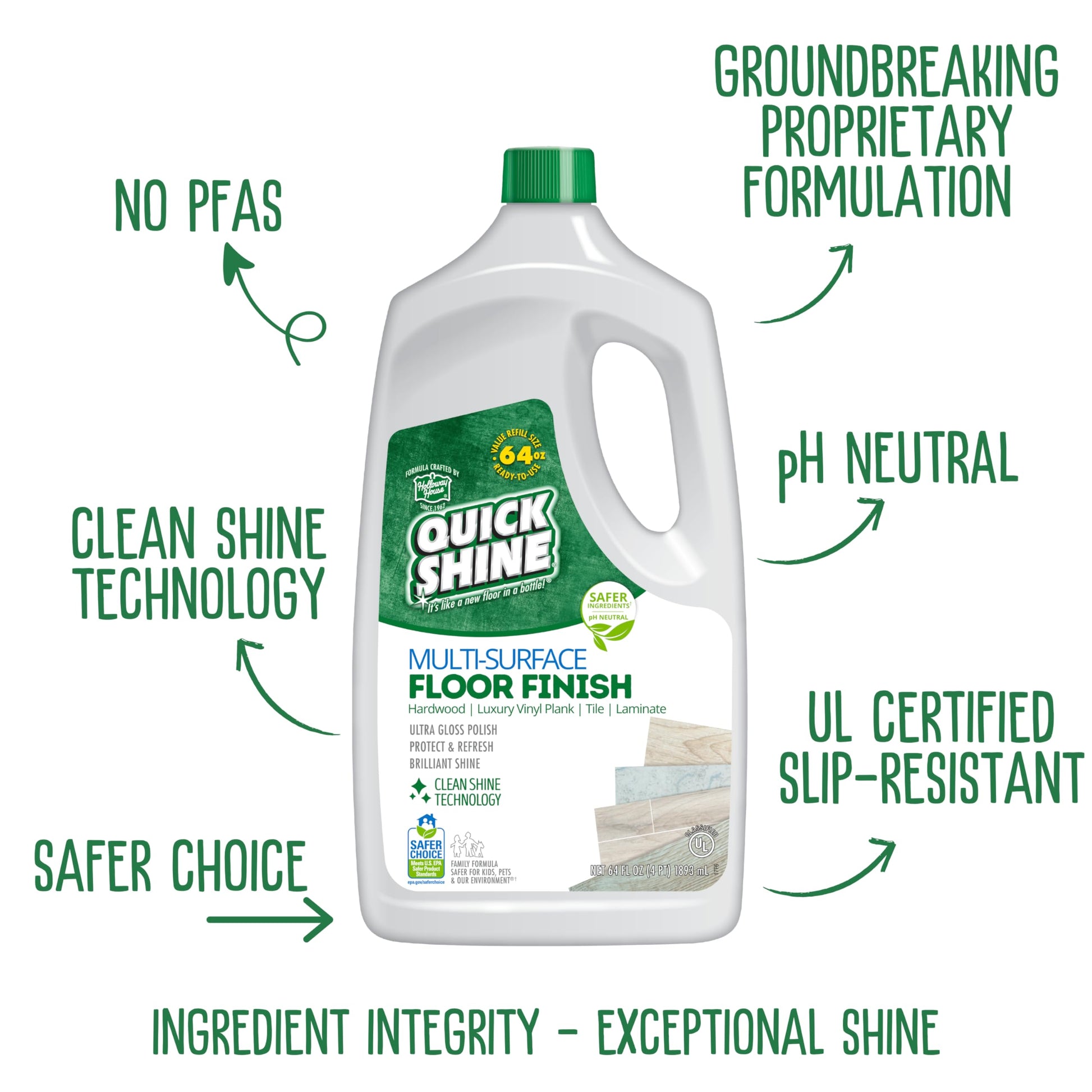 Quick Shine Multi Surface Floor Finish 64oz | Cleaner & Polish to use on Hardwood, Laminate, Luxury Vinyl Plank LVT, Tile & Stone | Safer Choice w/Clean Shine Technology | Shine-Protect-Refresh
