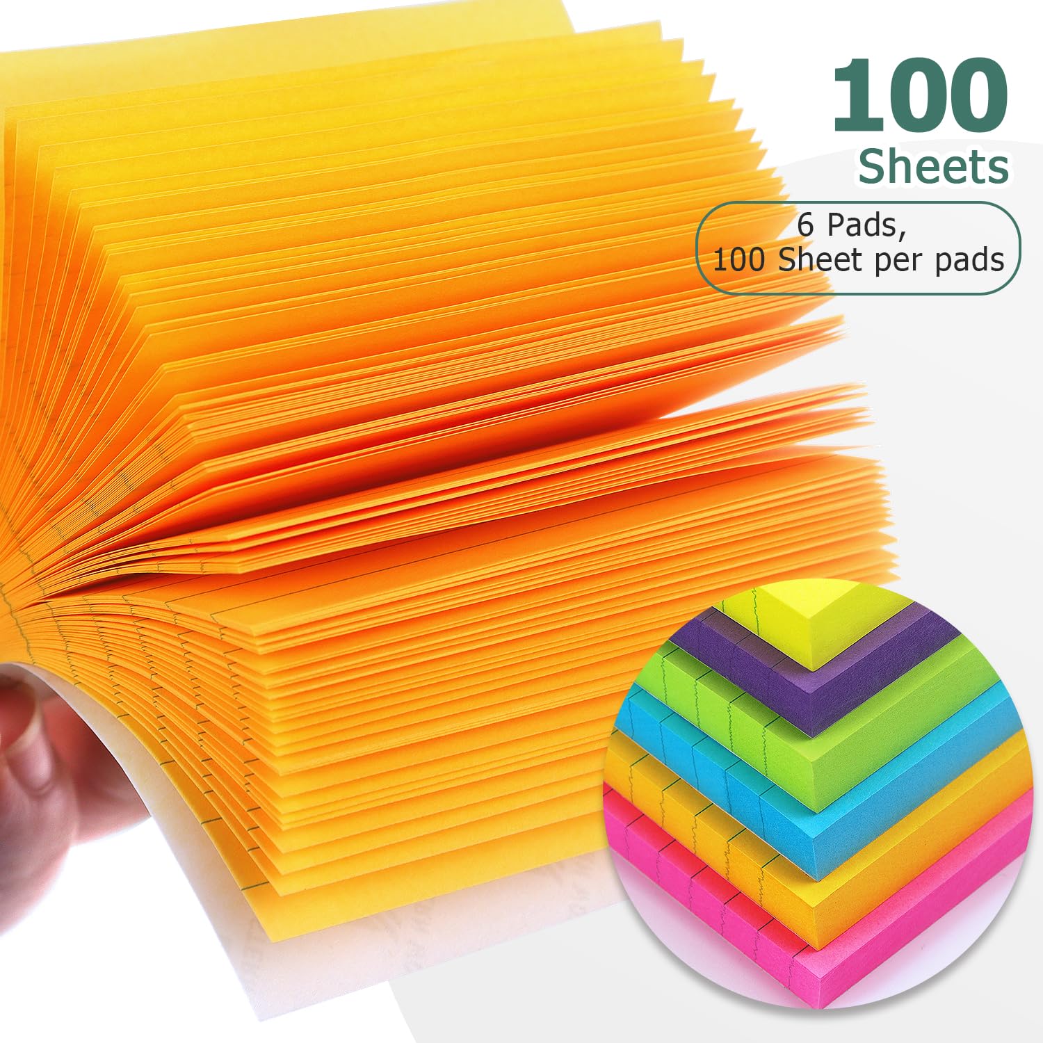 6 Pads Lined Sticky Notes 3x3 Sticky Notes with Lines Self-Stick Note Pads 6 Bright Multi Colors,100 Sheet/Pad