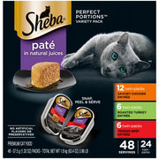 Sheba Perfect Portions Wet Cat Food Pate Savory Chicken Entree, Roasted Turkey Entree, and Tender Beef Entree Variety Pack, 2.6 oz. Twin Pack Trays (24 Count, 48 Servings)