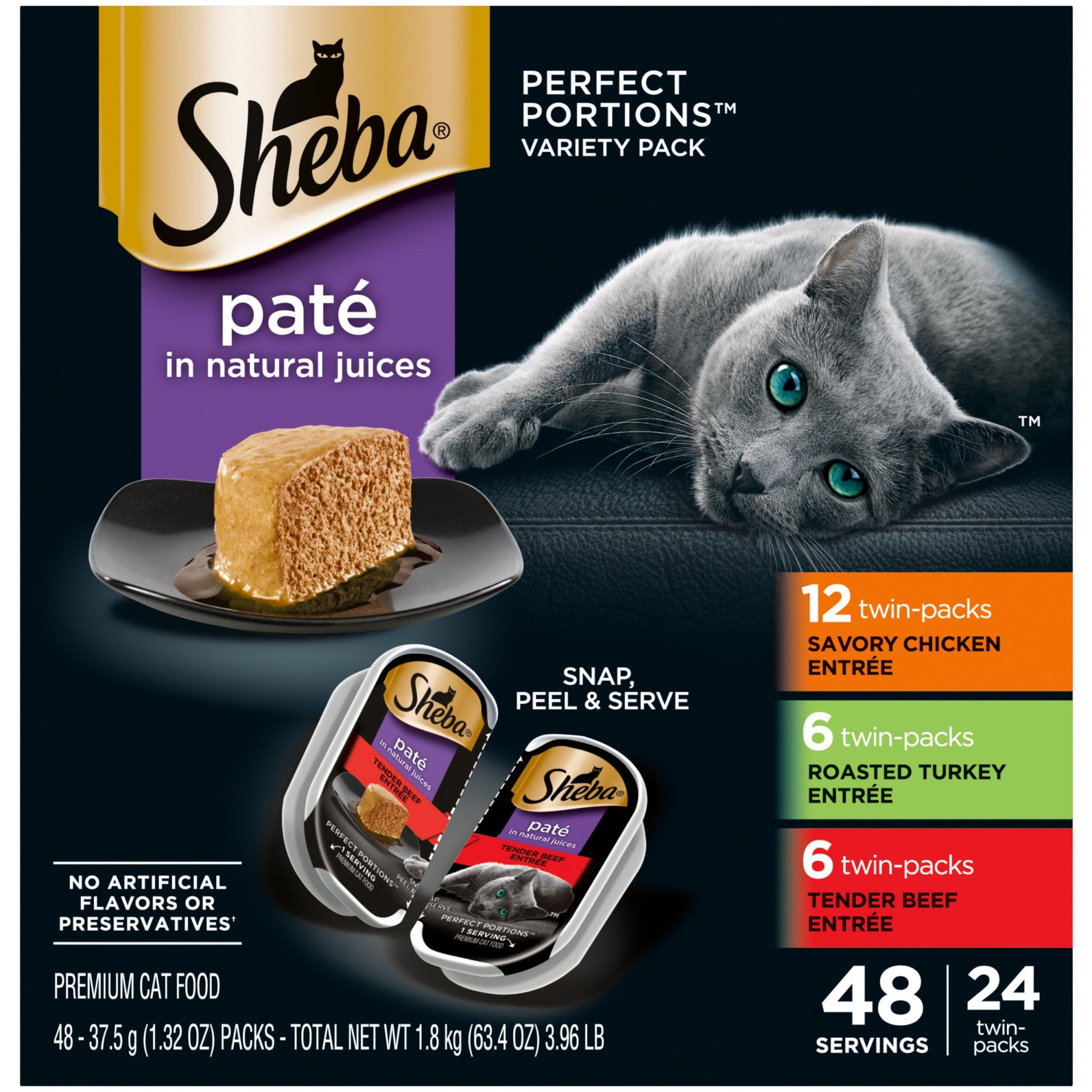 Sheba Perfect Portions Wet Cat Food Pate Savory Chicken Entree, Roasted Turkey Entree, and Tender Beef Entree Variety Pack, 2.6 oz. Twin Pack Trays (24 Count, 48 Servings)