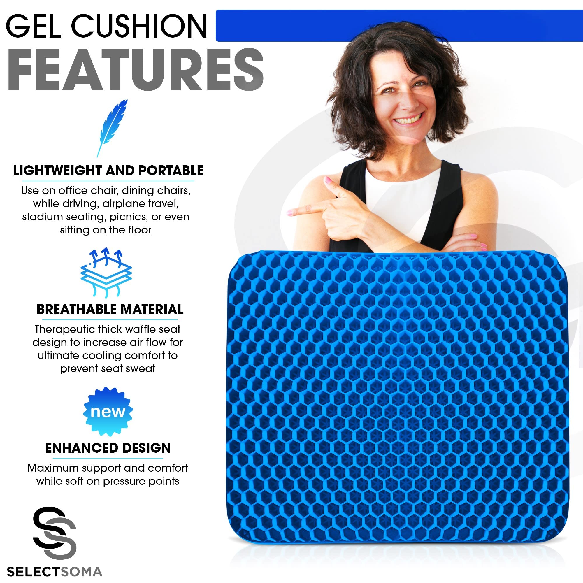 SelectSoma Gel Seat Cushion for Long Sitting Pressure Relief for Back, Sciatica, Coccyx, Tailbone Pain - Cushion for Office Chair, Wheelchair, Car & Truck, Patio Chairs - Egg Seat Pad