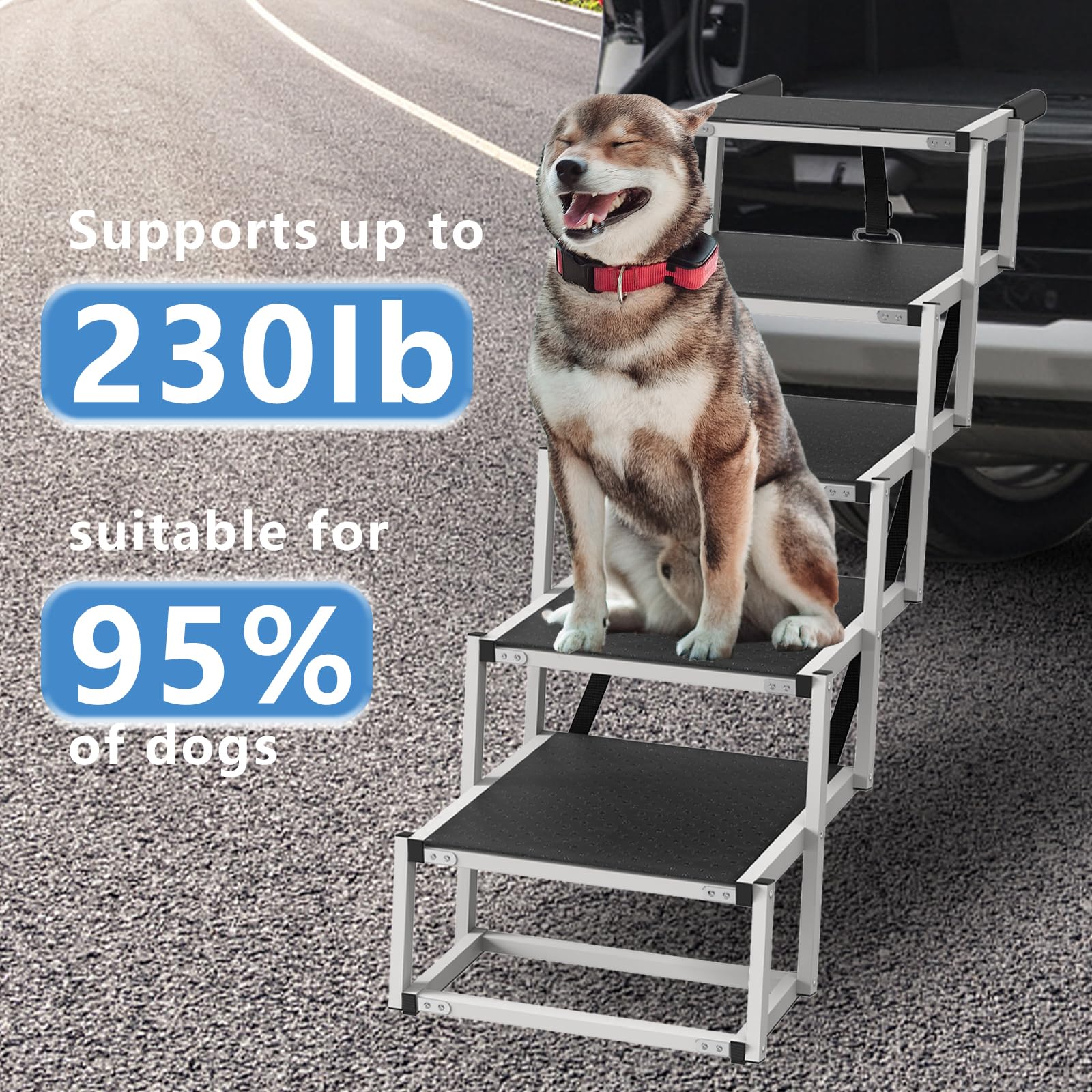 Deergym Dog Stairs for Large Dogs - 5 Step Foldable Dog Ramp for Car Non-Slip Surface Support up to 230lbs - Suitable for SUV,Truck, Sofas, Bed