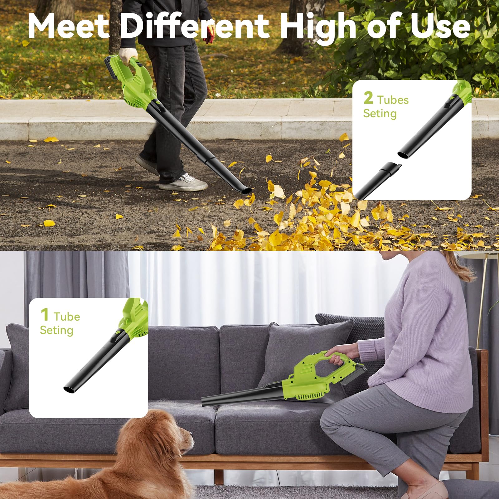 Leaf Blower Cordless with 2 Battery and Charger, 130MPH 180CFM High Speed Leaf Blower with 2 Tubes, 20V Electric Leaf Cleaner, Lightweight Handheld Small Blower for Patio, Garden, House, Depot, Green