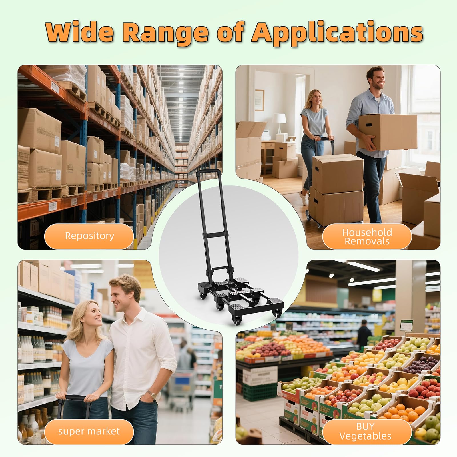 Voipvvii Folding Hand Truck 500lbs, Portable Heavy Duty Dolly Cart, 6 Wheels Collapsible Luggage Cart with 2 Elastic Ropes - Compact Trolley Cart for Easy Moving - Ideal Hand Cart for Travel and More