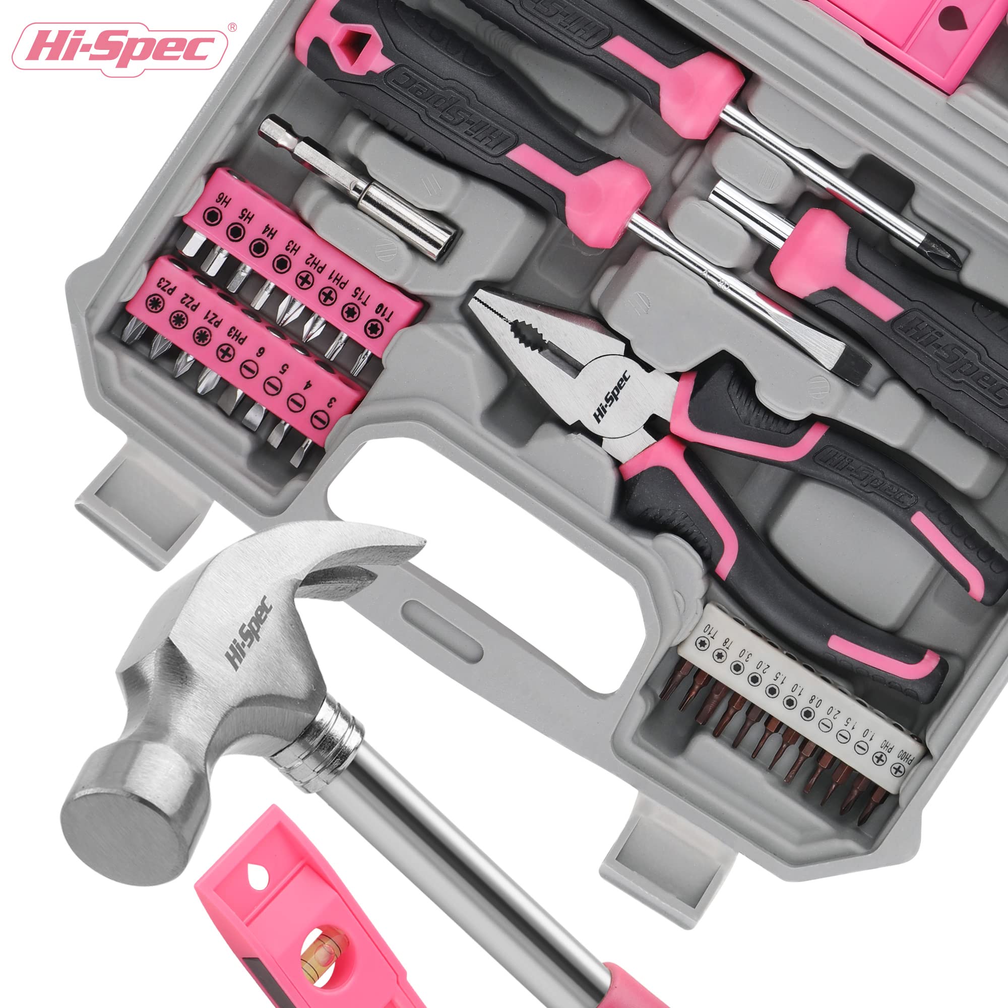 Hi-Spec 42pc Pink Household DIY Tool Set for Women. Home, Office and College Dorm Small Tool Kit of Starter Basic Ladies Tools