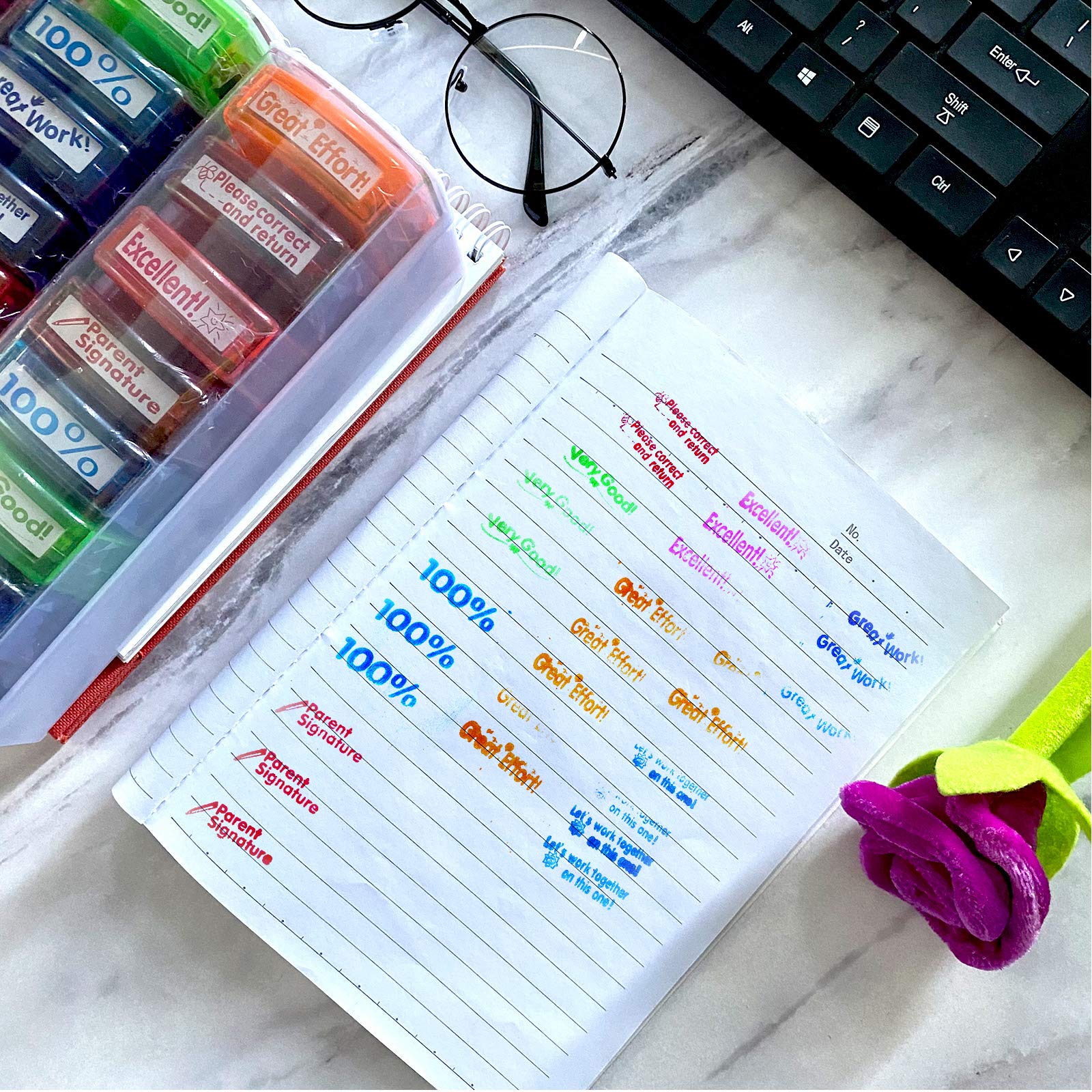 Bertiveny Teacher Stamps for Grading Classroom,Parent Signature Teacher Self-Inking Stamp Set for Homework Teacher Supplies with 8 pcs