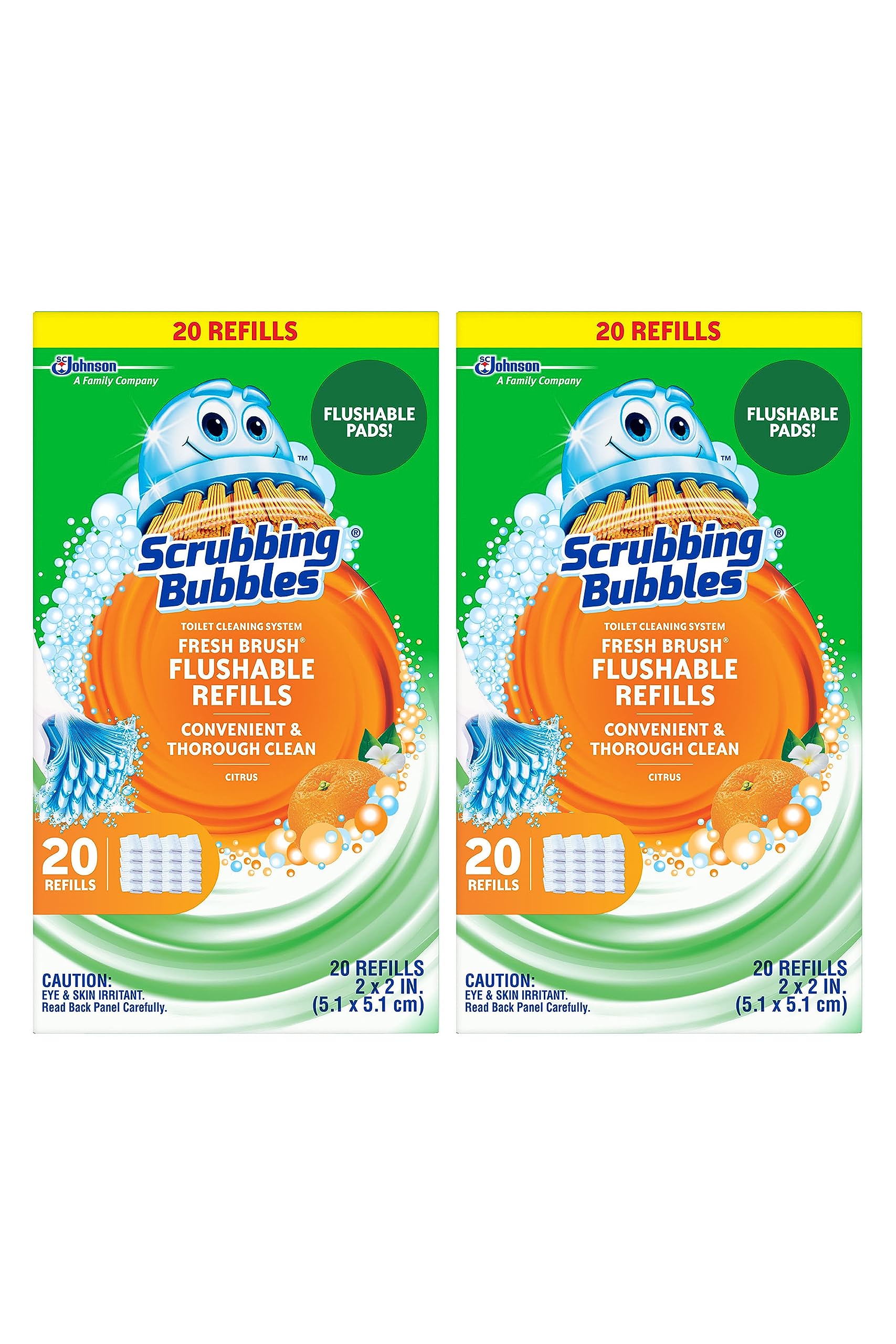 Scrubbing Bubbles Flushable Toilet Bowl Wand Cleaner Refills, Fresh Brush Cleaner Toilet Refill Pads, Removes Limescale & Odors, Citrus Scent, 20 Count (Pack of 2)