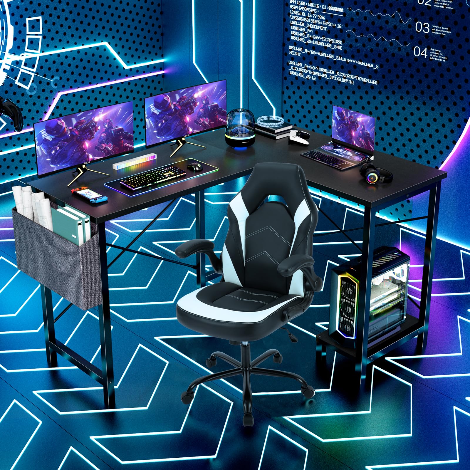 Sweetcrispy L Shaped Desk - Computer Desk Corner Desks Gaming Desk PC Table with CPU Stand Side Bag for Home Office Dorm Sturdy Writing Workstation, Black, 50-Inch