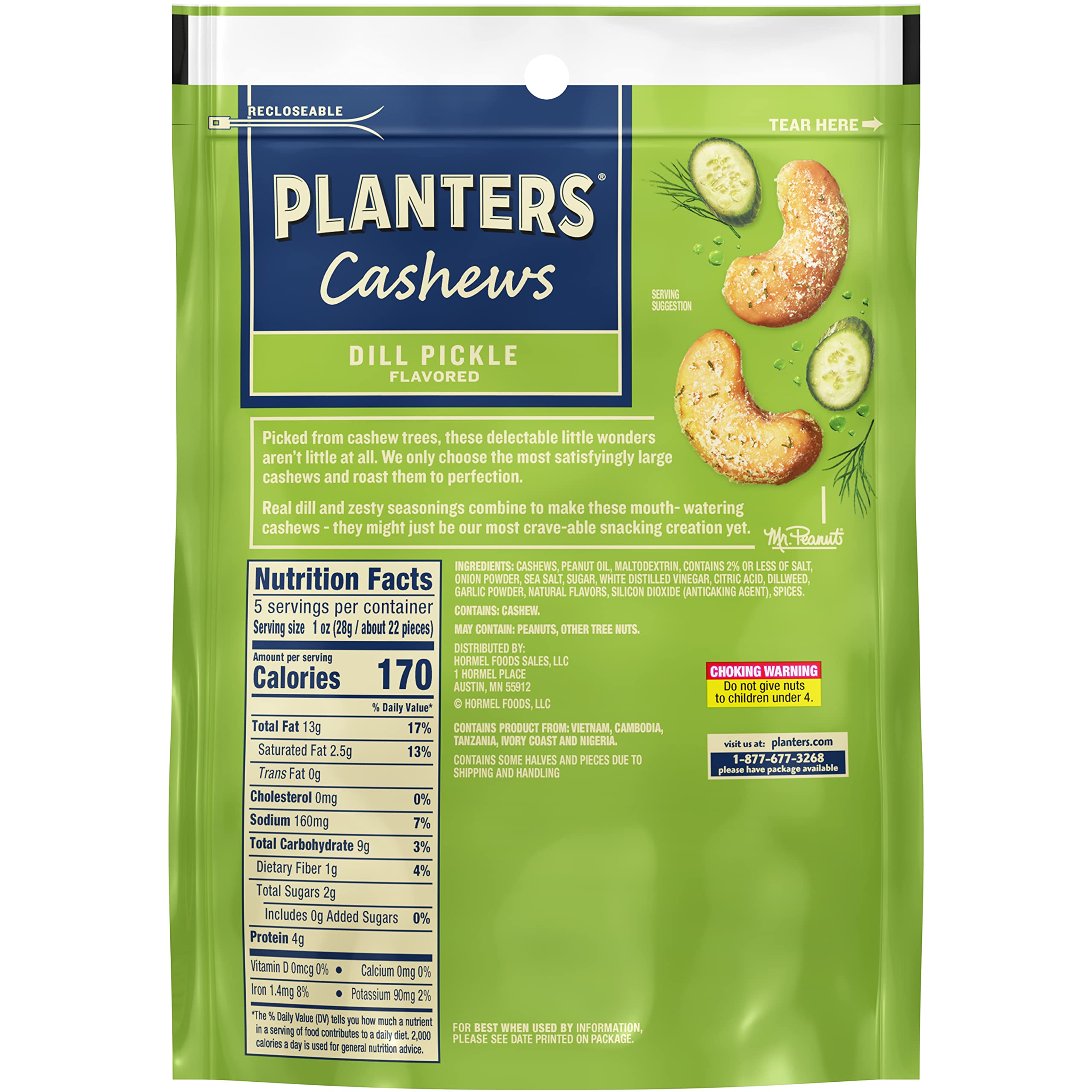 PLANTERS Cashews Dill Pickle - Trail Mix Snack Packs - Snacks with Dill Pickle, Snack Pack, Party Trail Mix, 5 Oz Bag, Pack of 1
