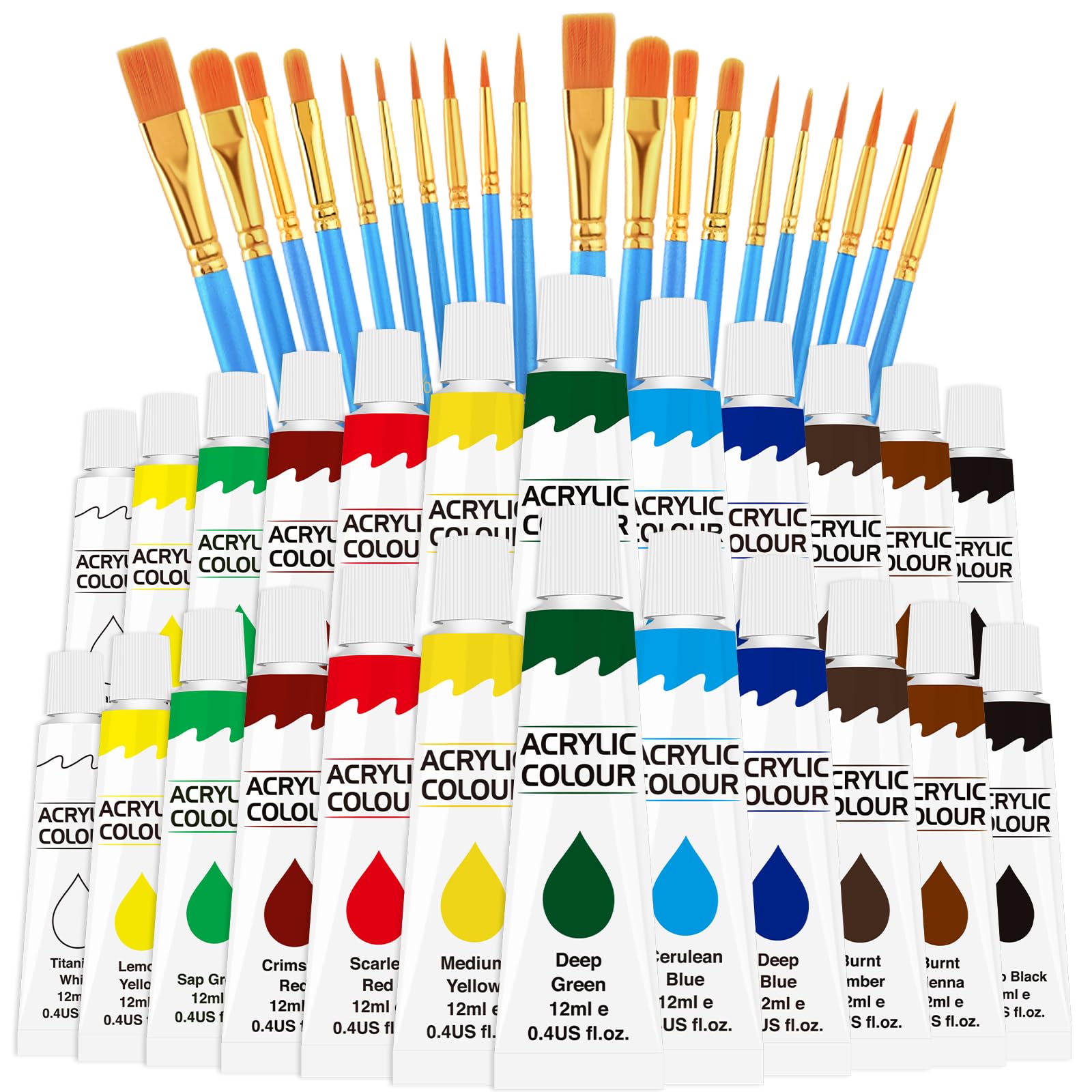 2 Pack Acrylic Paint Set 12 Colors,20 Paint Brushes,24 Paints for Adults,Kids,Beginner,Professional Artists,Non-Toxic Craft Paint kit for Paper,Canvas,Rock,Wood,Ceramic,Fabric Vibran