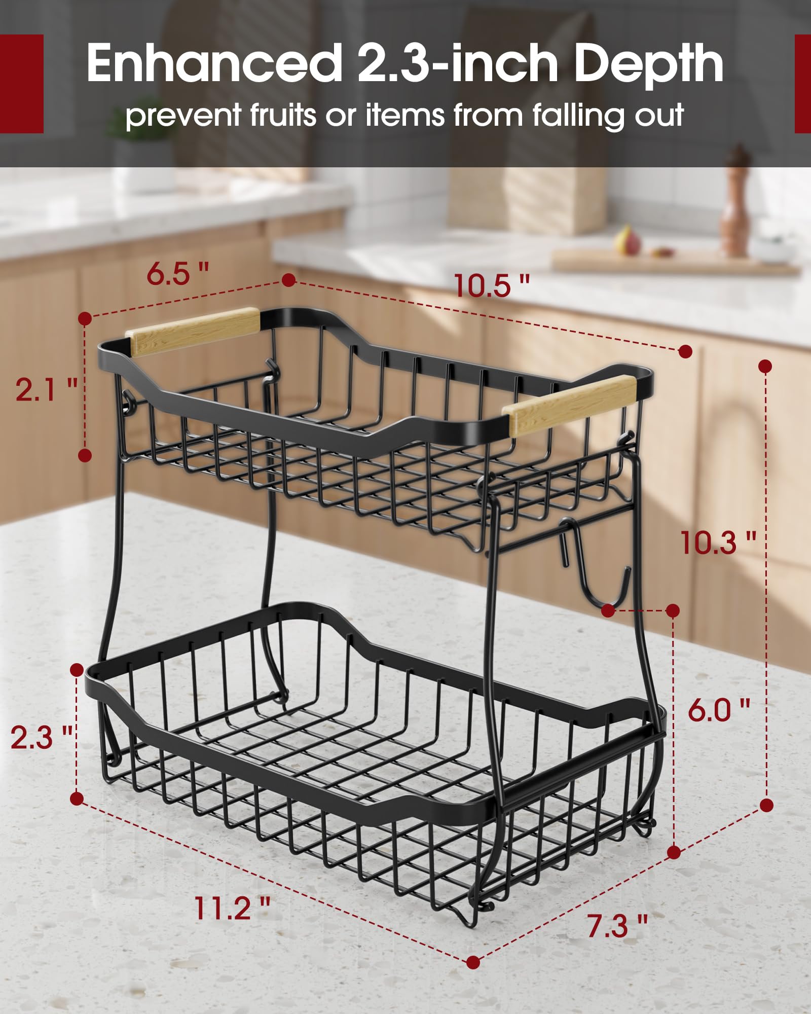Sakugi Fruit Basket for Kitchen Counter - 2 Tier Detachable Fruit Vegetable Basket with Banana Hanger, Metal Countertop Fruit Stand with Wooden Handle, Black,7.3" D x 11.2" W x 10.3" H