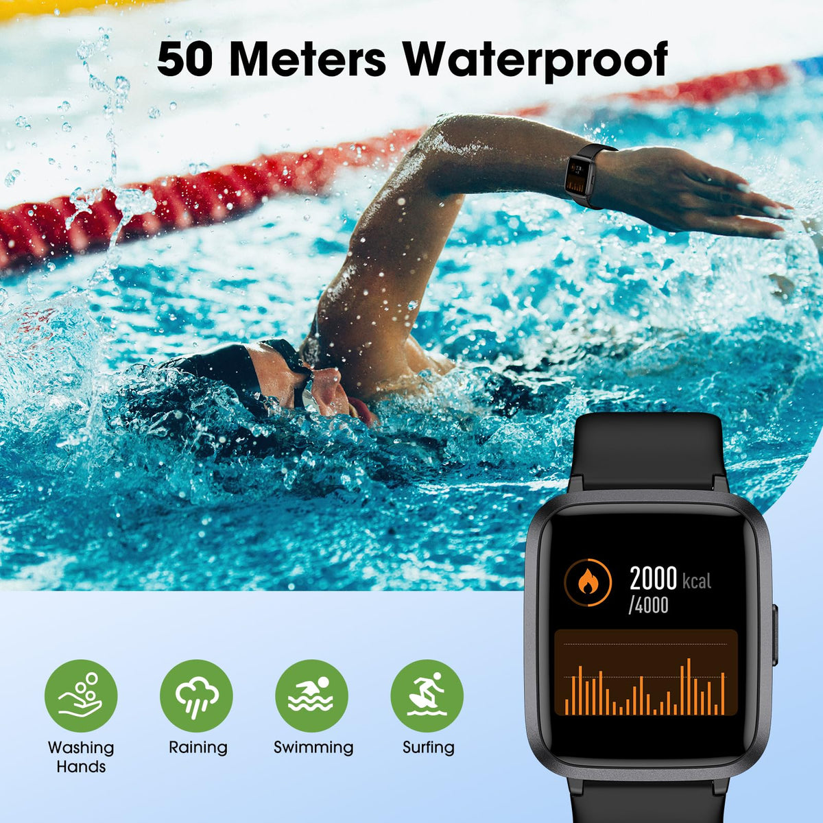 Fitness-Tracker-Uhr mit Herzfrequenzmesser, großem Bildschirm, Aktivitätstracker mit Schrittzähler, Schlafmonitor, Kalorien- und Schrittzähler, 5ATM wasserdichte Smartwatch für Damen und Herren, Fitnessuhr für den Sport