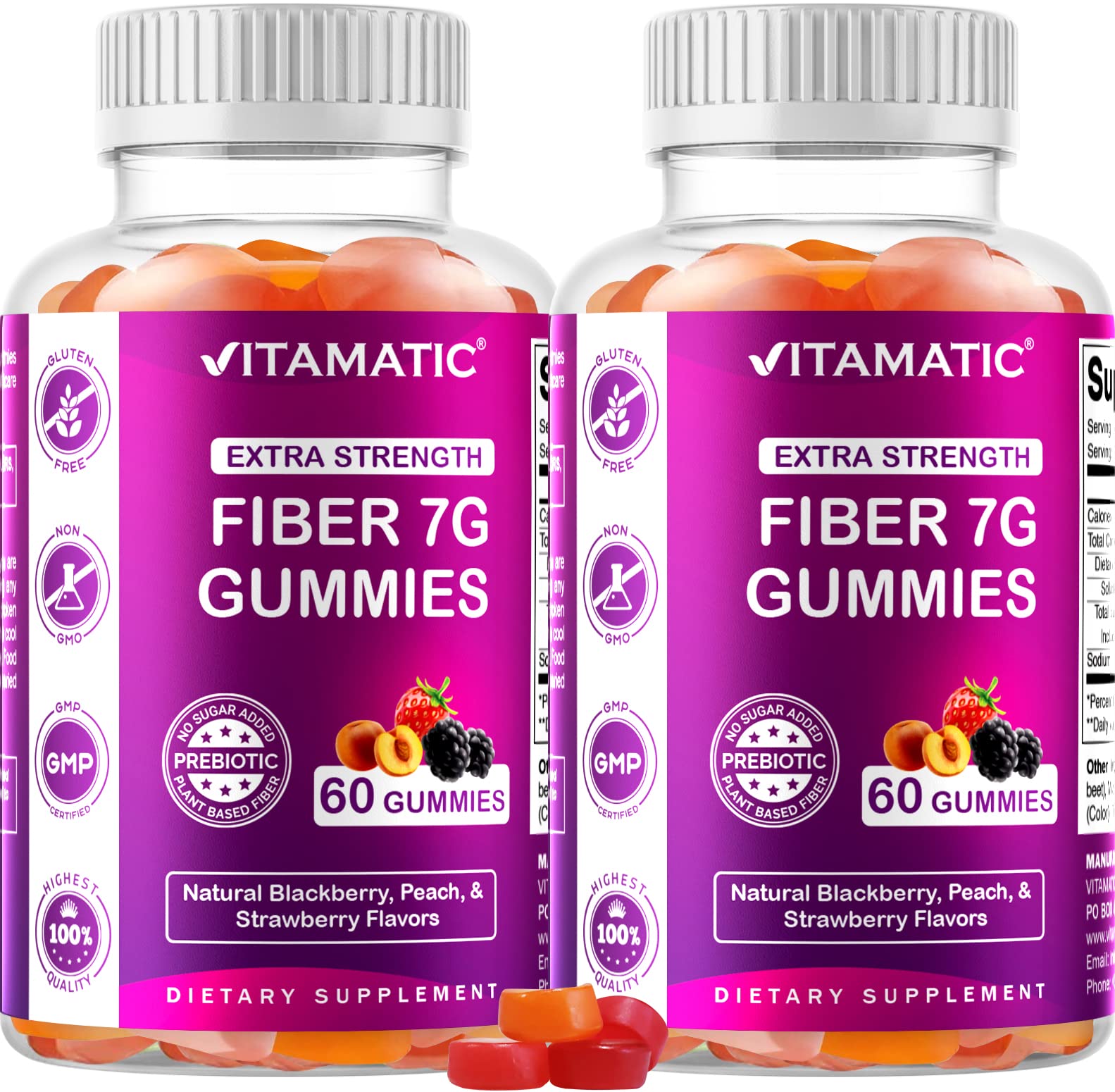 Vitamatic Prebiotic Fiber Gummies for Adults - 7G Fiber Extra Strength - Zero Sugar Added - 60 Pectin Based Gummies - Digestive Health & Regularity Support