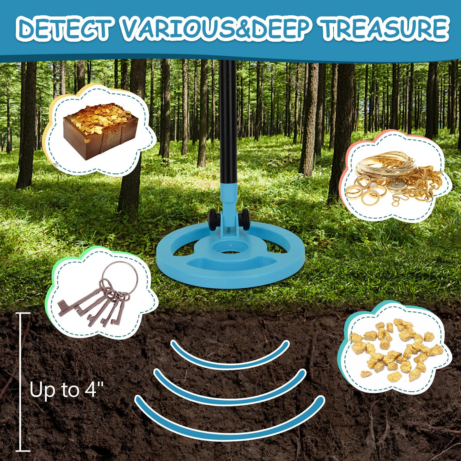 OMMO Metal Detector, Adjustable 27.5”-37.8” Metal Detector for Kids with Intuitive LCD Display, Lightweight Kids Metal Detectors with 6” Search Coil for Exploration Hiking