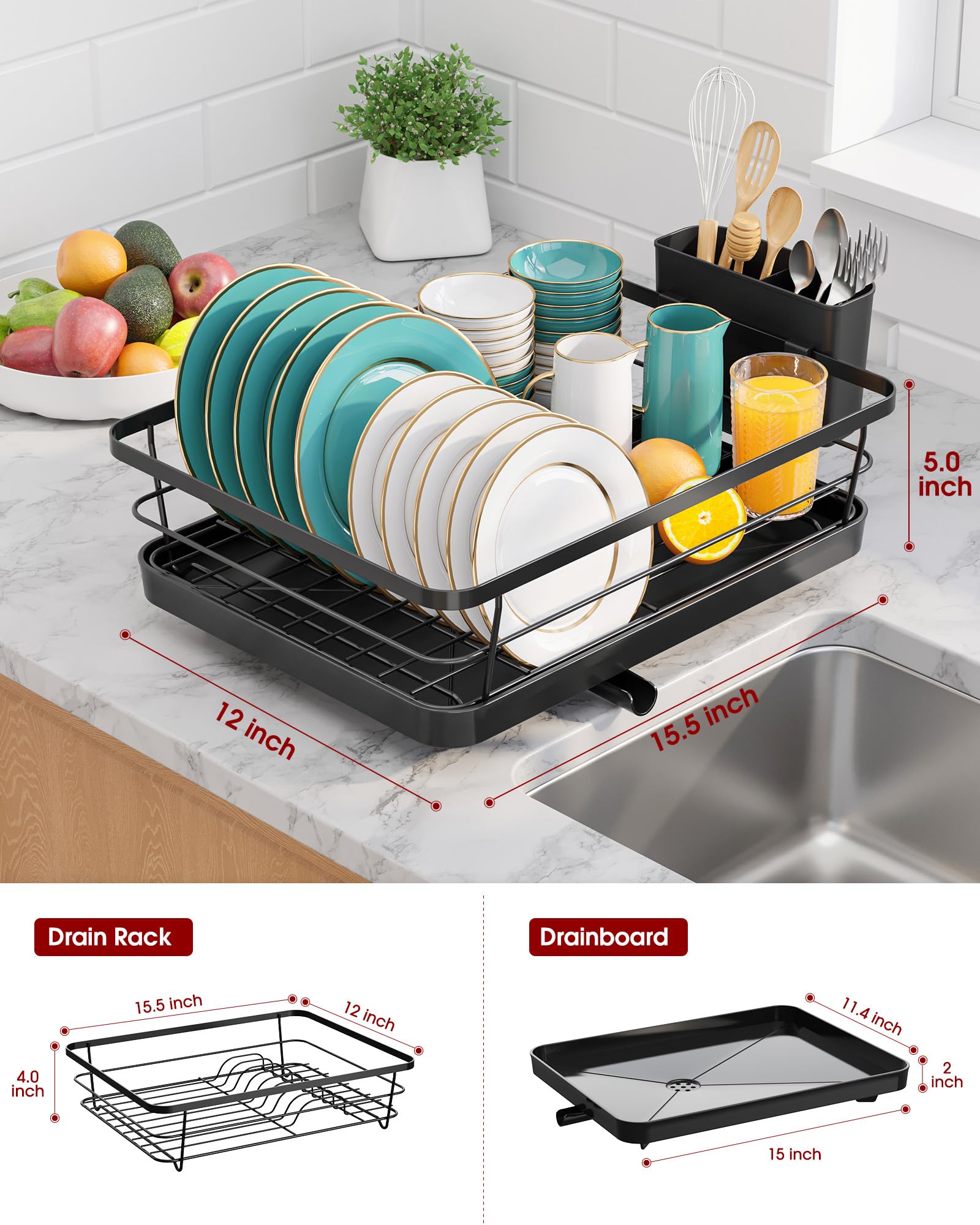 Sakugi Stainless Steel Dish Drying Rack for Kitchen Counter, Sink Organization and Storage Essentials with Silverware & Utensil Holder, Home and Apartment Decor, 12''W x 15.6''L, Black