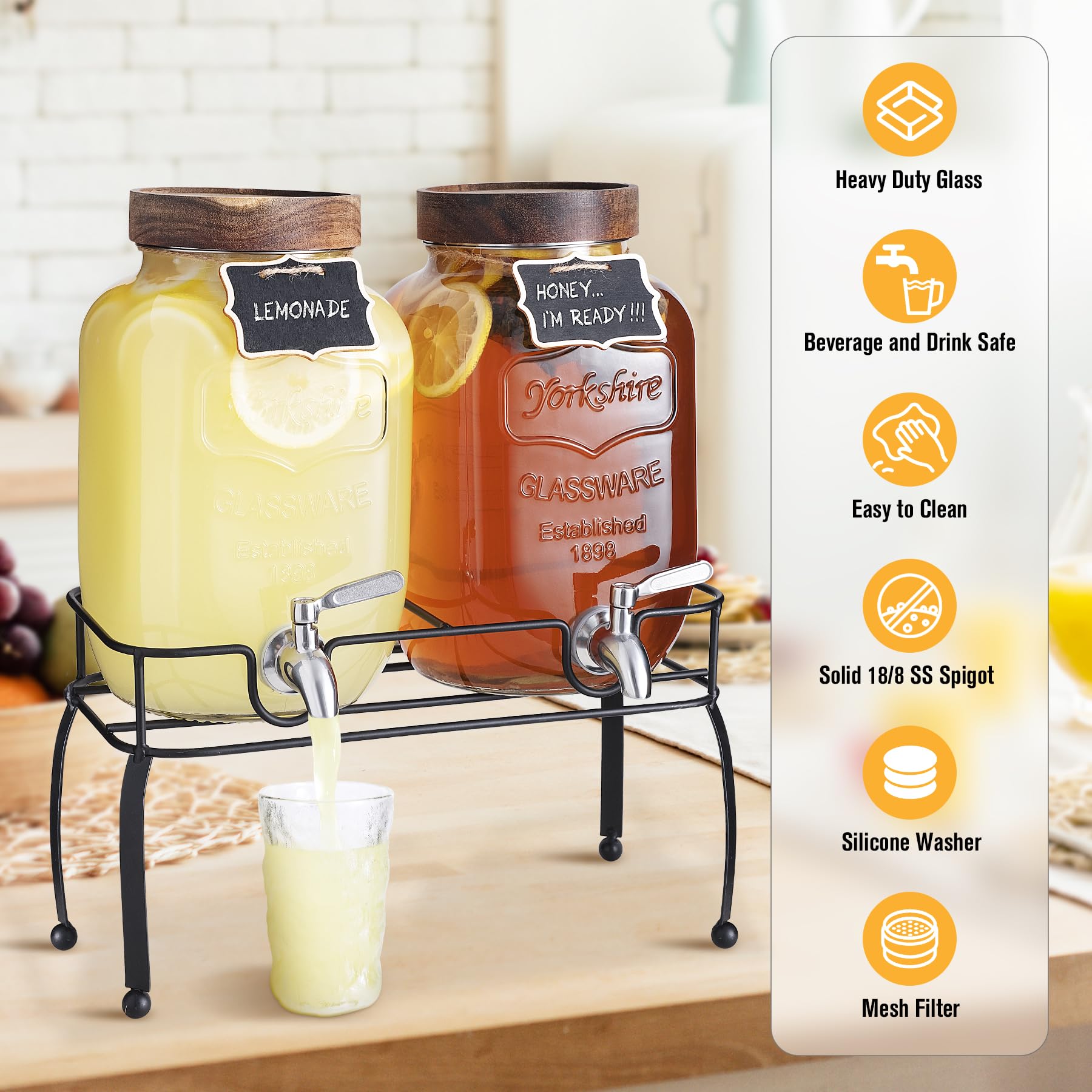 mustry Glass Drink Dispenser for Parties, 1 Gallon Beverage Dispenser with Stand and Spigot Solid Stainless Steel, Used as Lemonade Dispenser Sun Tea Jar Kombucha Jar, Set of 2