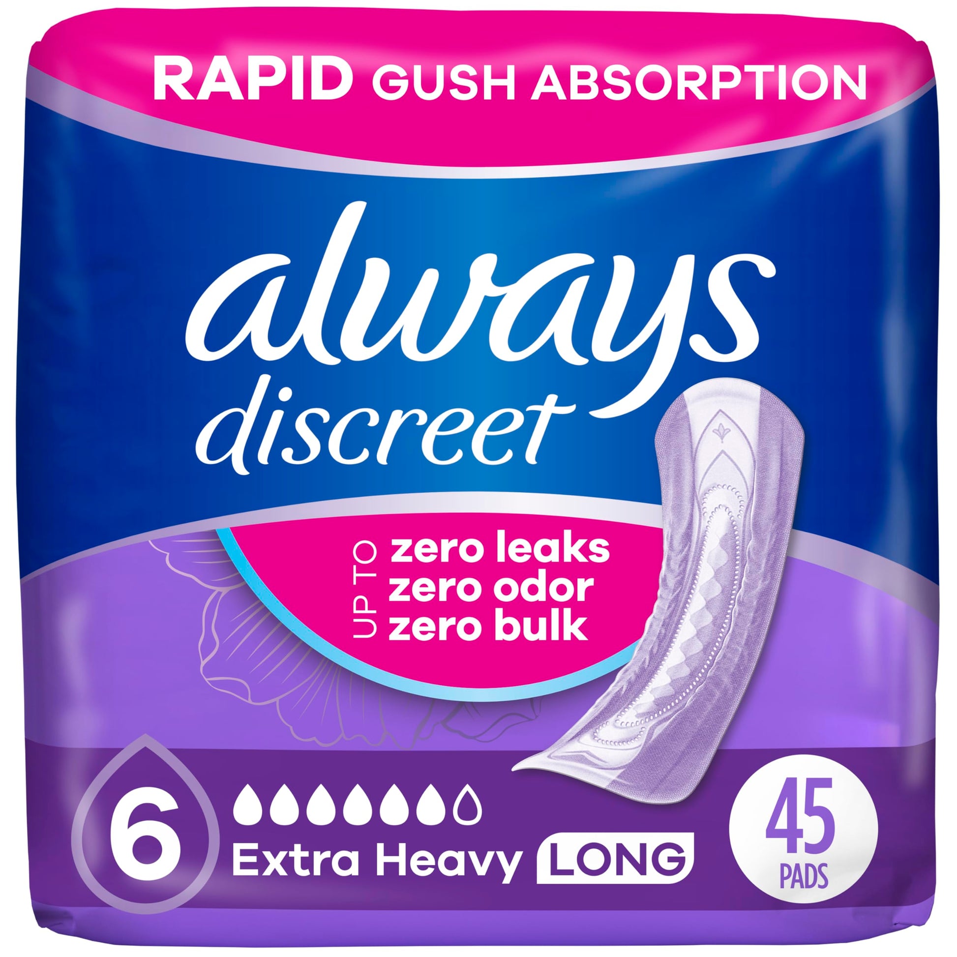 Always Discreet Adult Incontinence Pads for Women, Extra Heavy Absorbency, Long Length, Postpartum Pads, 45 Count