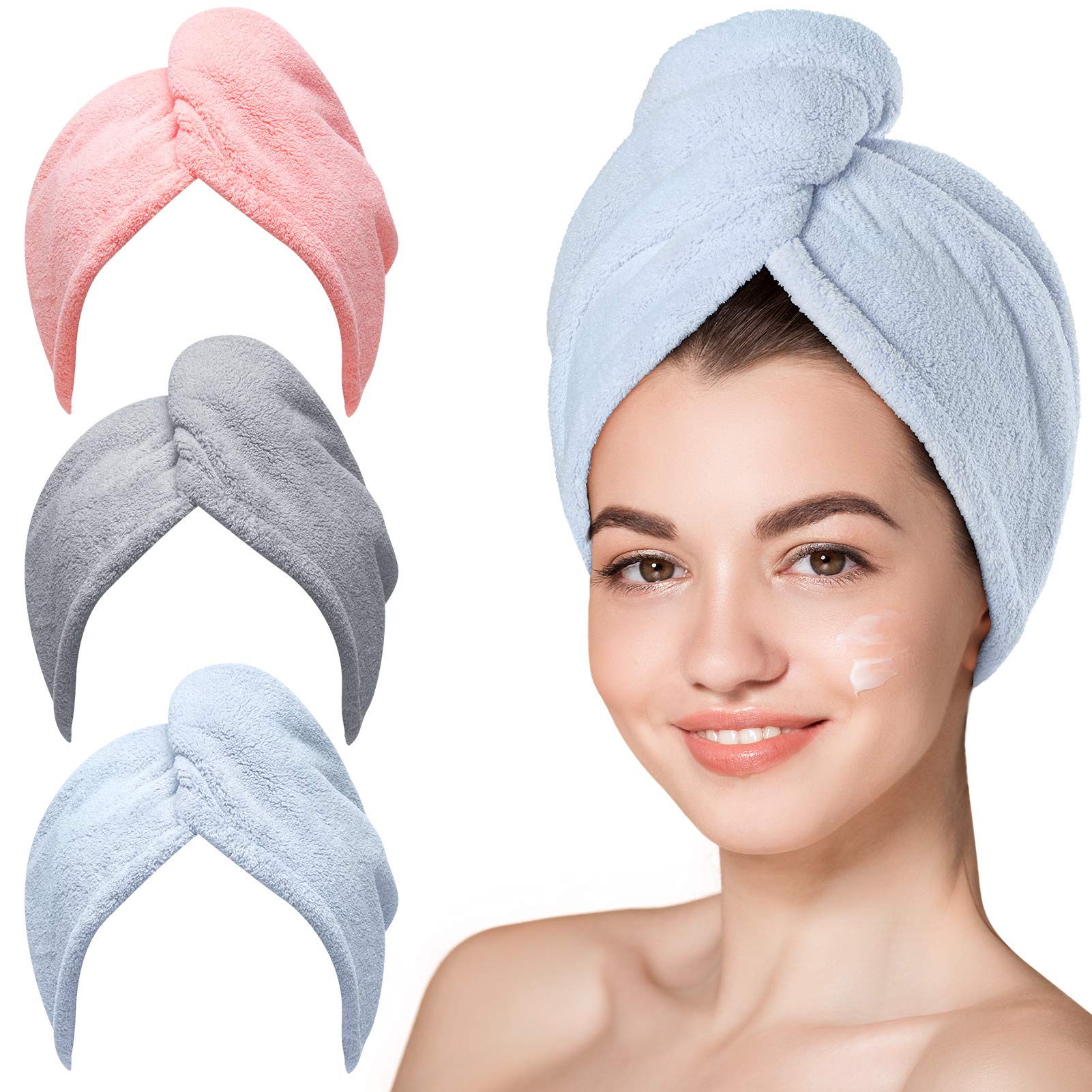 Hicober Mikrofaser-Haartuch, 3er-Pack Haarturbane für nasses Haar, Haartrockentücher für lockiges Haar, Frauen Anti-Frizz (Blau, Grau, Pink)
