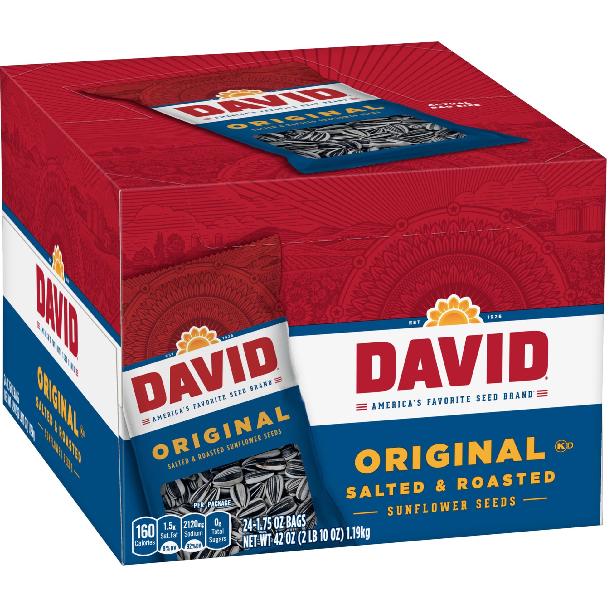 DAVID Roasted and Salted Sunflower Seeds, Original Flavor, 1.75oz. (Pack of 24)