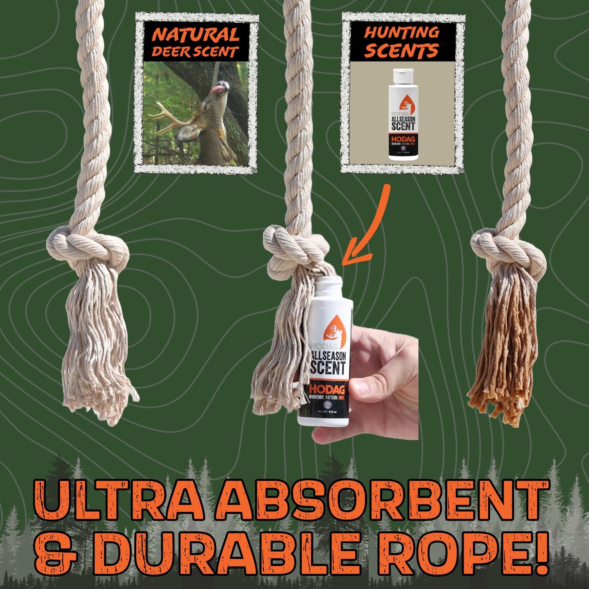 HODAG HempScent Rope for Deer Hunting – Effective Whitetail Attractant & Lure – Easy to Set Up Mock Scrape Kit with 4 oz AllSeason Scent - Buck or Doe Urine, Estrus Dripper Alternative (Single-Setup)