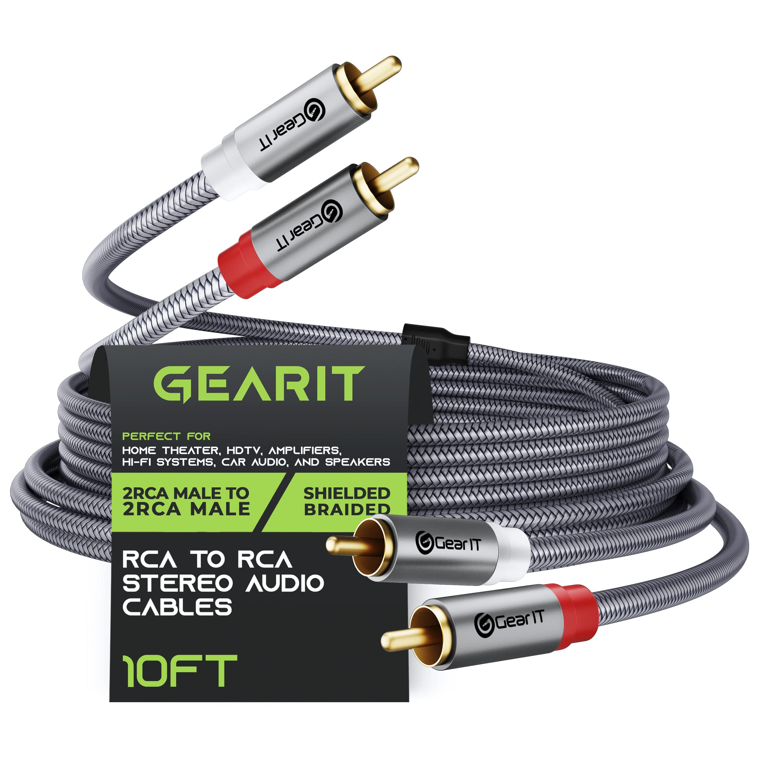 GearIT RCA Cable (15FT) 2RCA Male to 2RCA Male Stereo Audio Cables Shielded Braided RCA Stereo Cable for Home Theater, HDTV, Amplifiers, Hi-Fi Systems, Car Audio, Speakers, 15 Feet