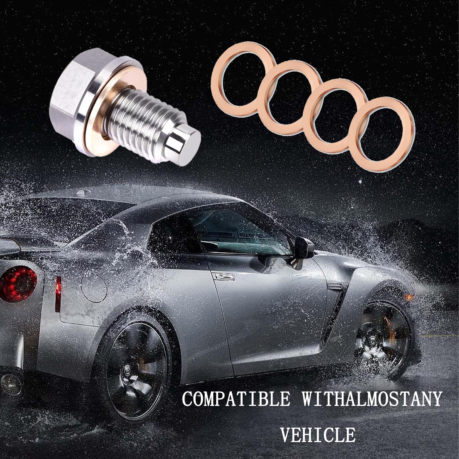 M14x1.5 Magnetic Oil Drain Plug, Magnetic Stainless Steel Oil Pan Drain Nut Bolt with 5PCS Copper Crush Washer Anti Leakage, Universal Leak-proof Replacement,Fits Most Cars,Motorcycles,Boats