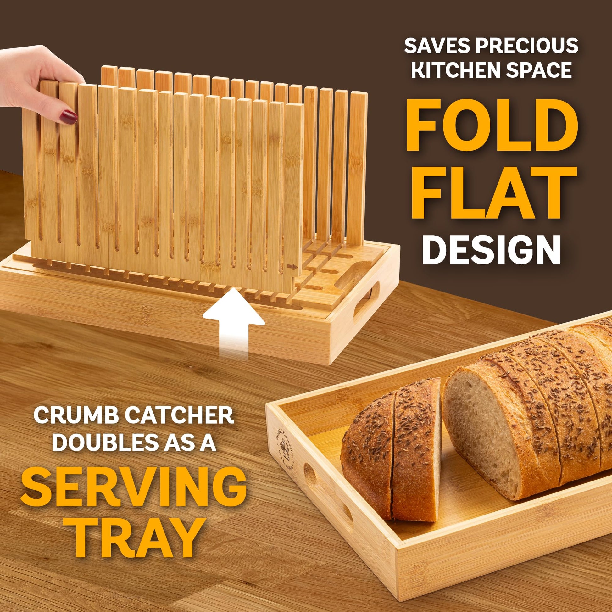 Bread Slicer for Homemade Bread - BAMBUSI New Upgrade Bamboo Bread Cutter with Adjustable Width, Foldable Compact Slicing Guide and Crumb Tray - Bread Cutter for Loaf, Cake, Bagels - Gift for Bakers