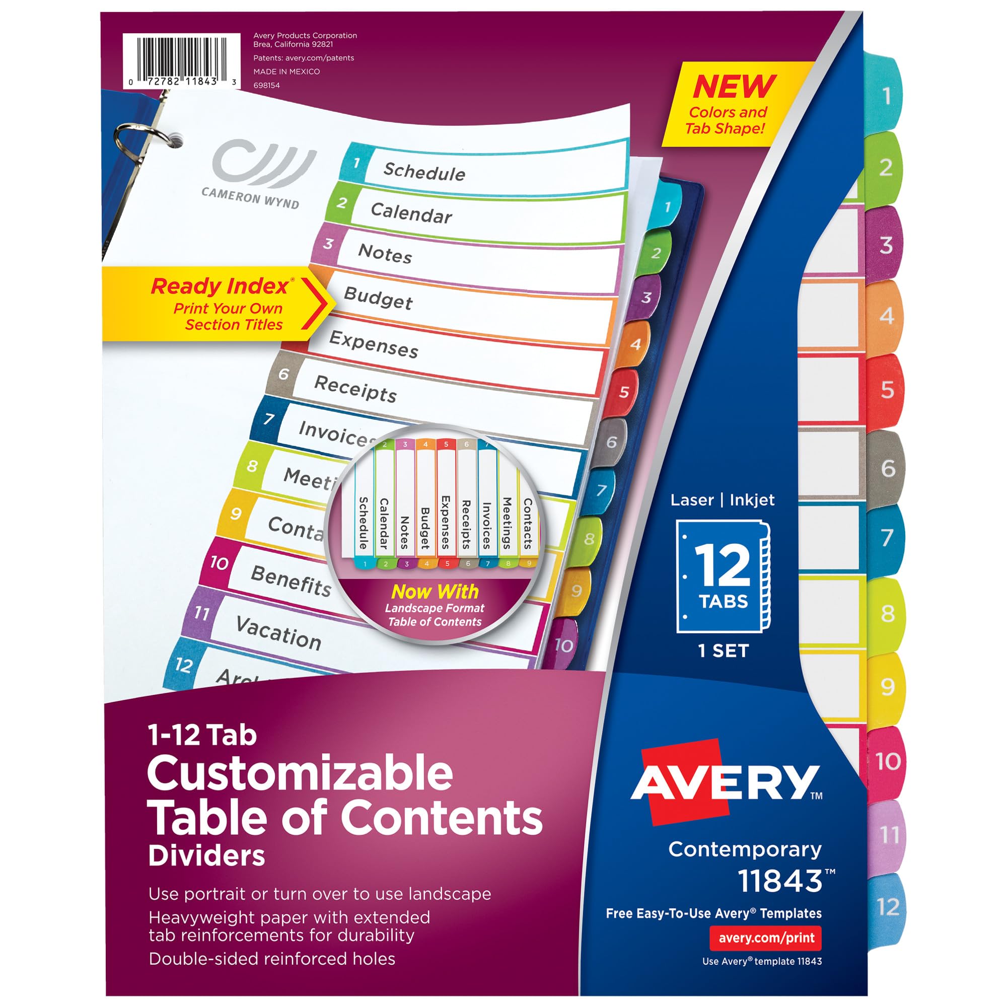 Avery 12 Tab Dividers for 3 Ring Binder, Multicolor Tab Dividers, Customizable Table of Contents, 1 Set (11843)