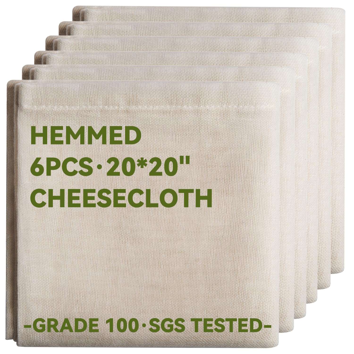 Olicity Cheese Cloths, 6PCS, Grade 100,20x20Inch Hemmed Cheese Cloth Fabric Reusable Fine Mesh Cloth, 100% Cotton Unbleached Precut Muslin Cheesecloth for Straining, Cooking, Yogurt, Juicing