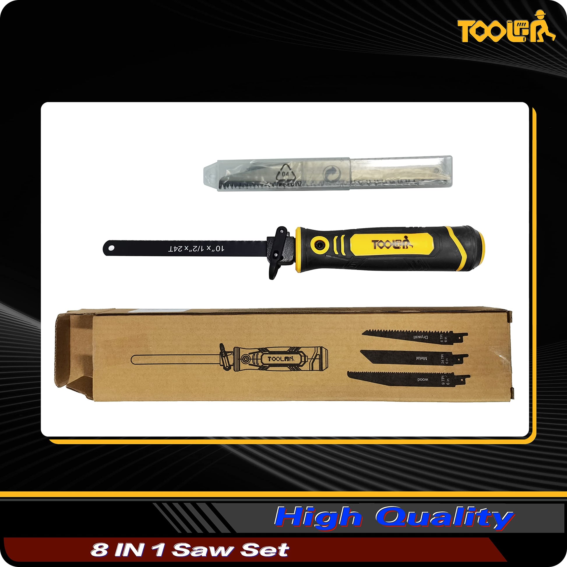 TOOLAN: 8-In-1 Multi Blades Hand Saw, Drywall Cutter. Hacksaw. Long Blade Hand Saw, Jab Saw, For Cutting Drywall, Sheetrock, Wood, Metel, Plastic, Plywood. Blade Quick Change Mechanism.