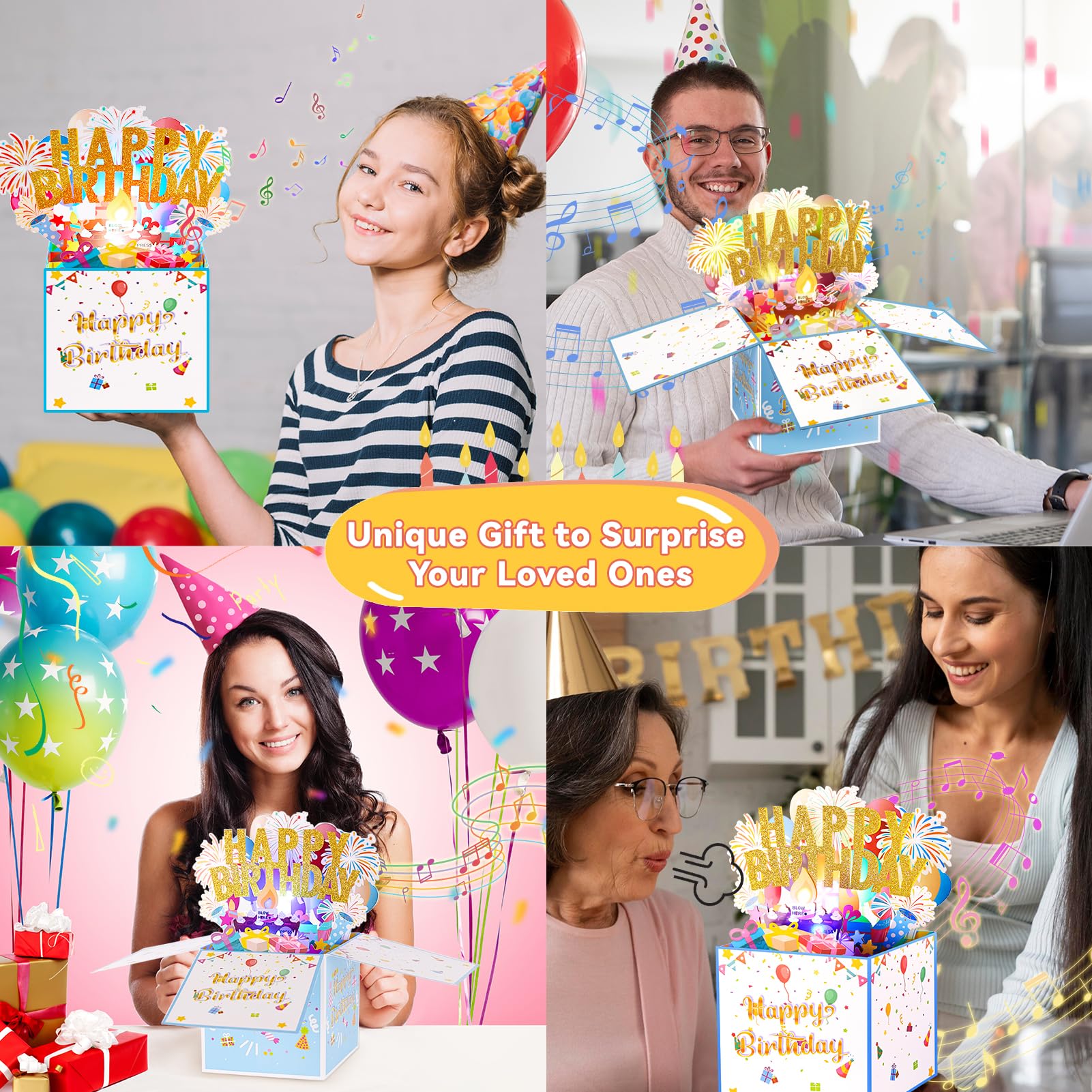Large Pop Up Birthday Cards with Blowable Lights and Music,1-100 Ages Funny Happy Birthday Cards 3D Greeting Cards Special Birthday Gifts for Kids Teens Women Men Son Daughter