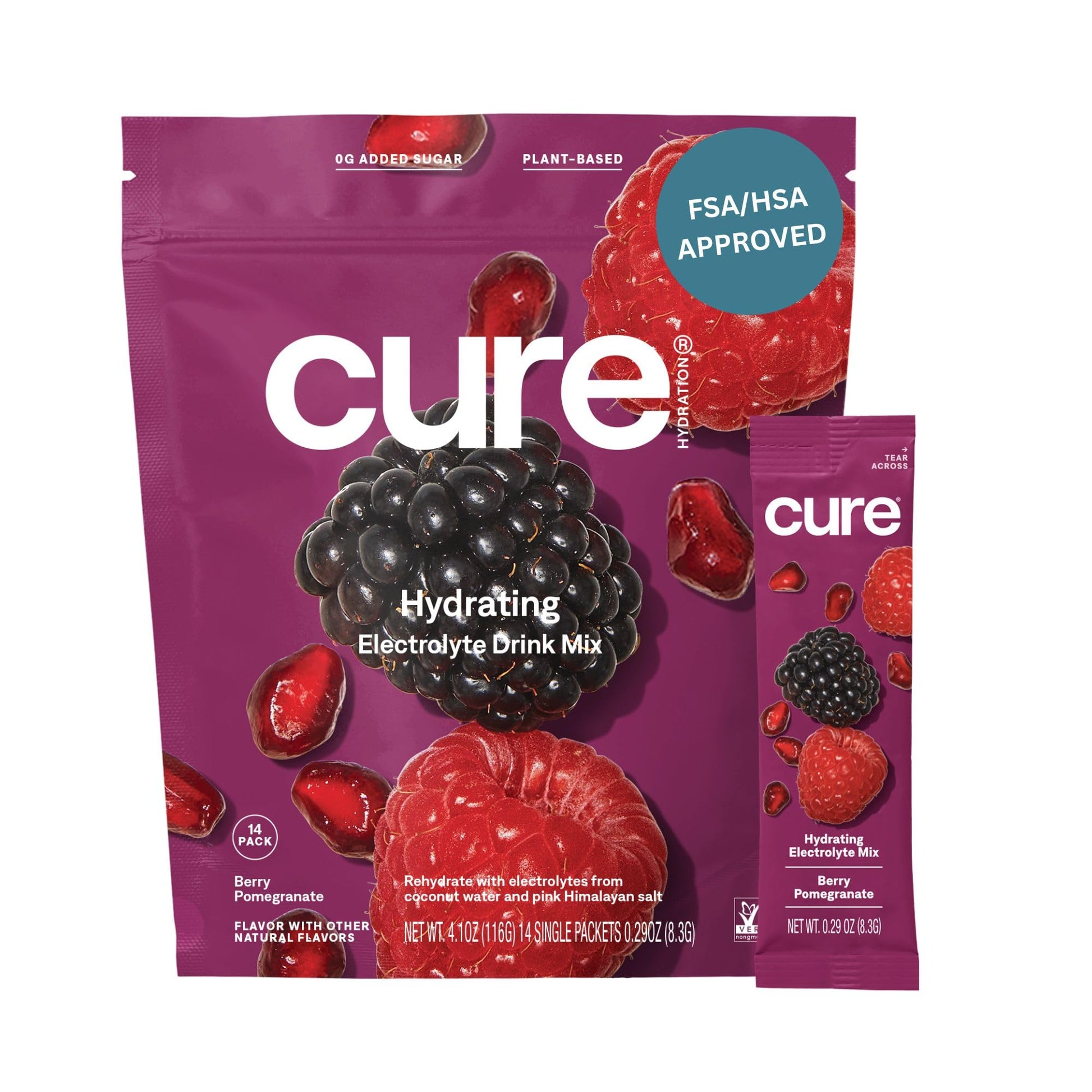 Cure Hydration | Plant-Based Electrolyte Drink Mix | No Added Sugar | Dehydration Relief Powder Made with Coconut Water | Non-GMO | Vegan | FSA & HSA | Pouch of 14 Packets - Berry Pomegranate