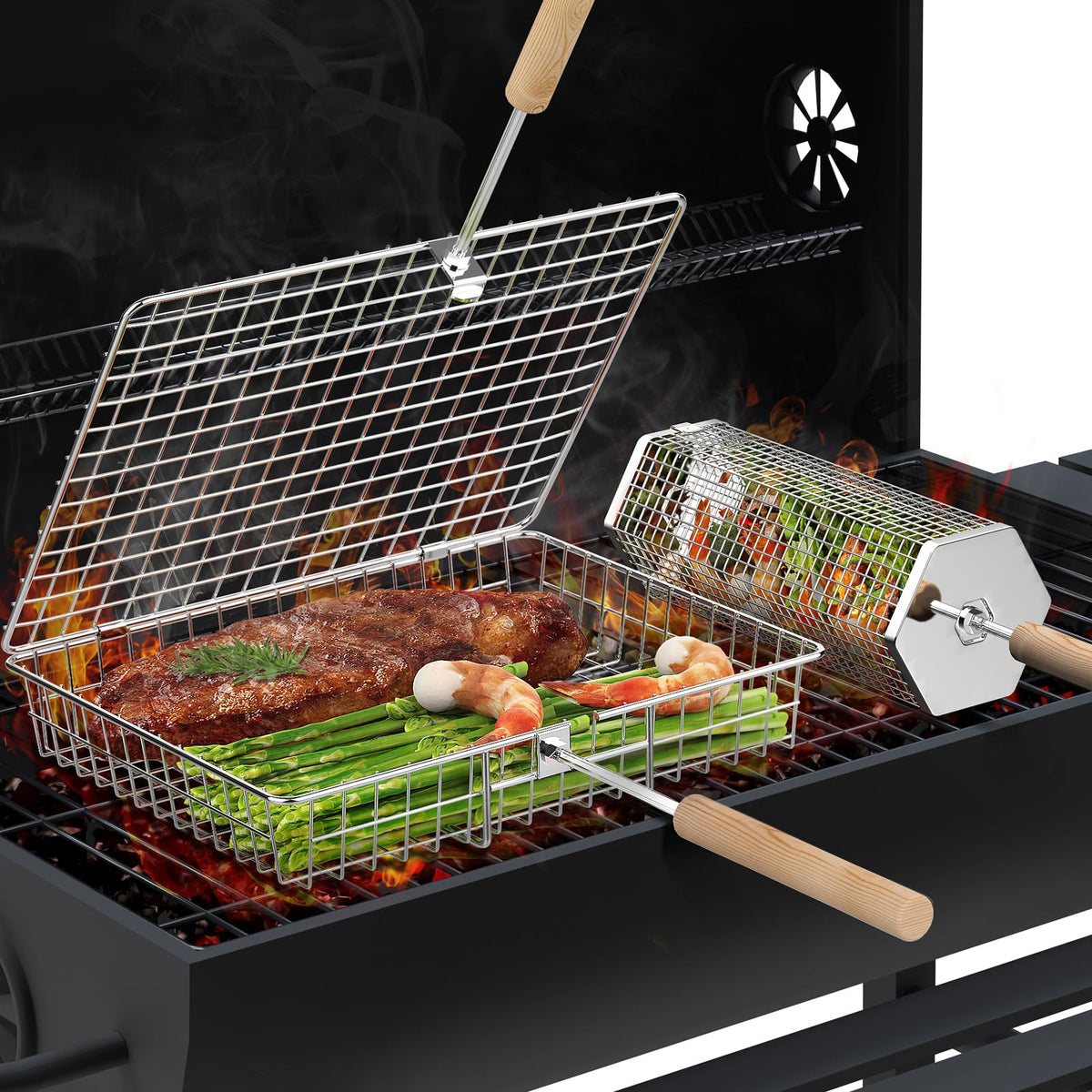 ivtivfu Grillkorb-Set, abnehmbarer Holzgriff, Edelstahl 304, Rolling BBQ-Tools, Smoker Grillzubehör für Gemüse und Fisch, Outdoor-Kochen Camping, Geburtstagsgeschenke für Männer, Papa, Ehemann