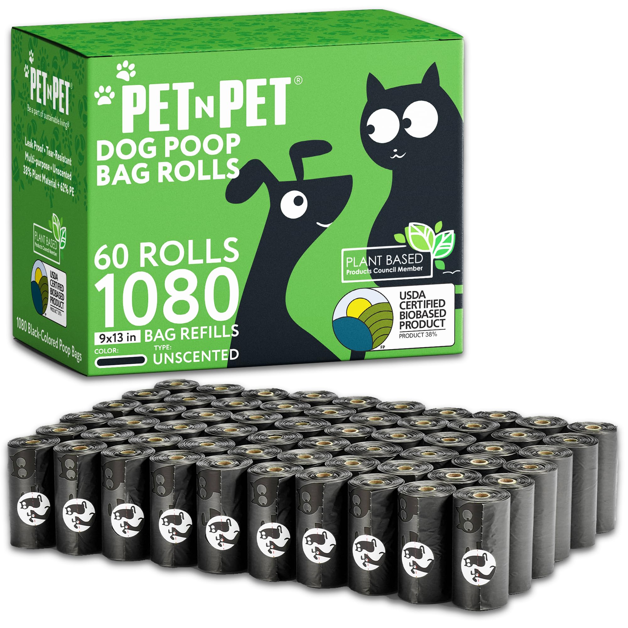 Pet N Pet 1080 Counts Black Poop Bags for Dogs, 38% Plant Based & 62% PE Extra Thick Dog Poop Bags Rolls, 9" x 13" Unscented Dog Bags for Poop, Doggie Poop Bags, Cat Poop Bags, Pet Waste Bags