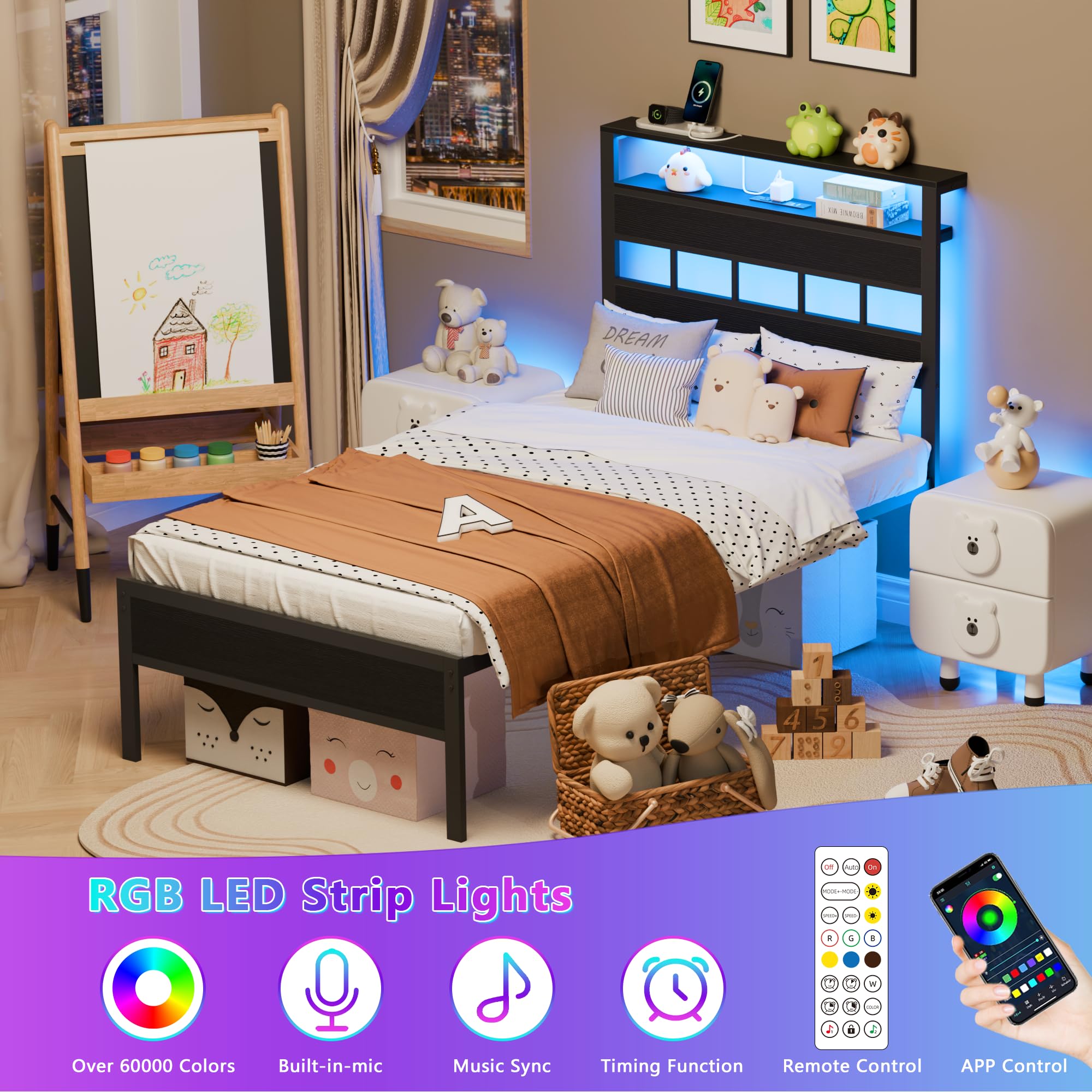 Furnulem Twin Bed Frames with Charging Station and LED Lights, Twin Size Platform Bed with Metal Slats, Wood Headboard with 2-Tier Storage Shelves, No Box Spring Needed, Black Oak