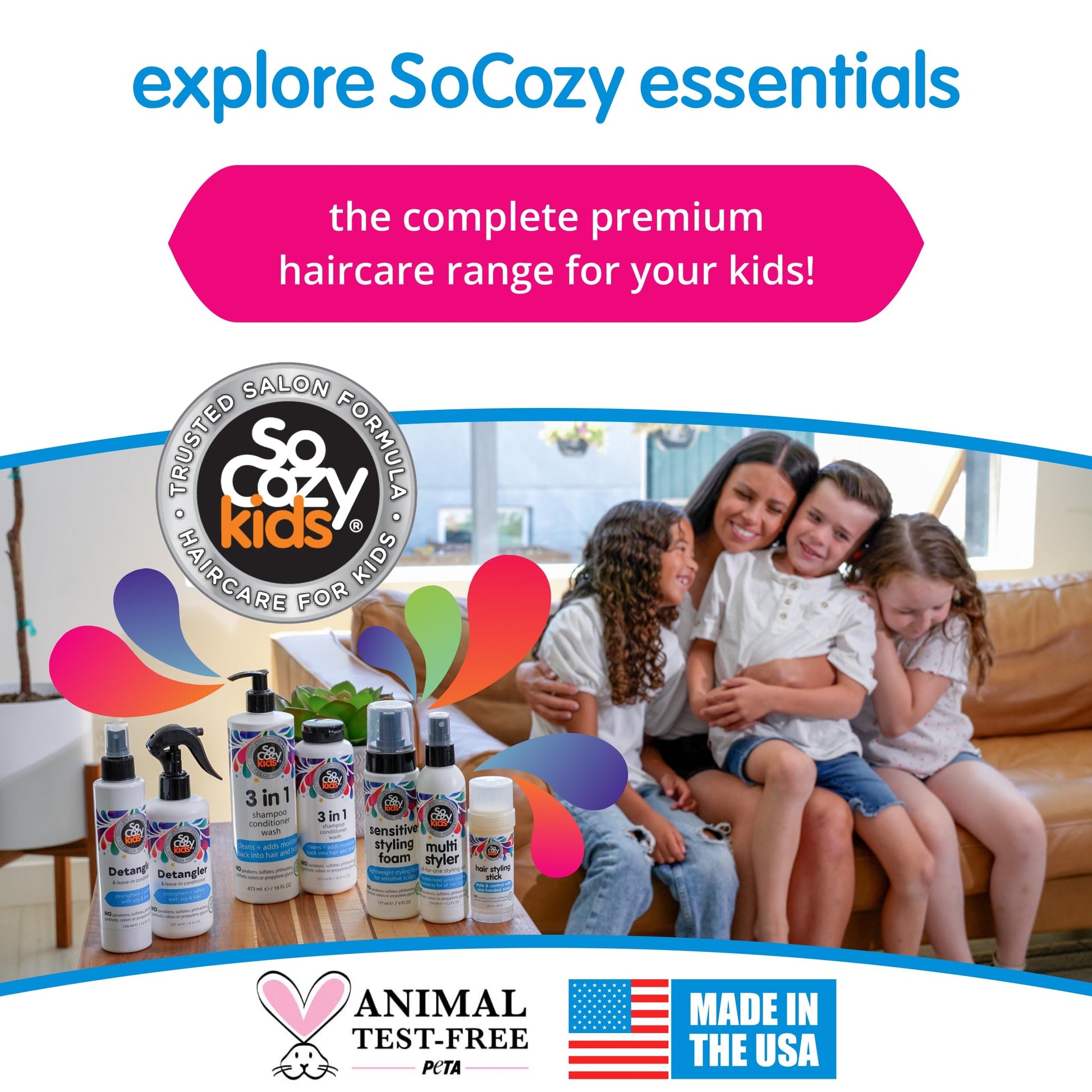 SoCozy 3 in 1 Kids Shampoo + Conditioner + Body Wash (16 Fl Oz) Gentle, Hydrating Hair & Body Cleanser with Keratin, Vitamin B5, & Kiwi Extract, Paraben & Sulfate-Free